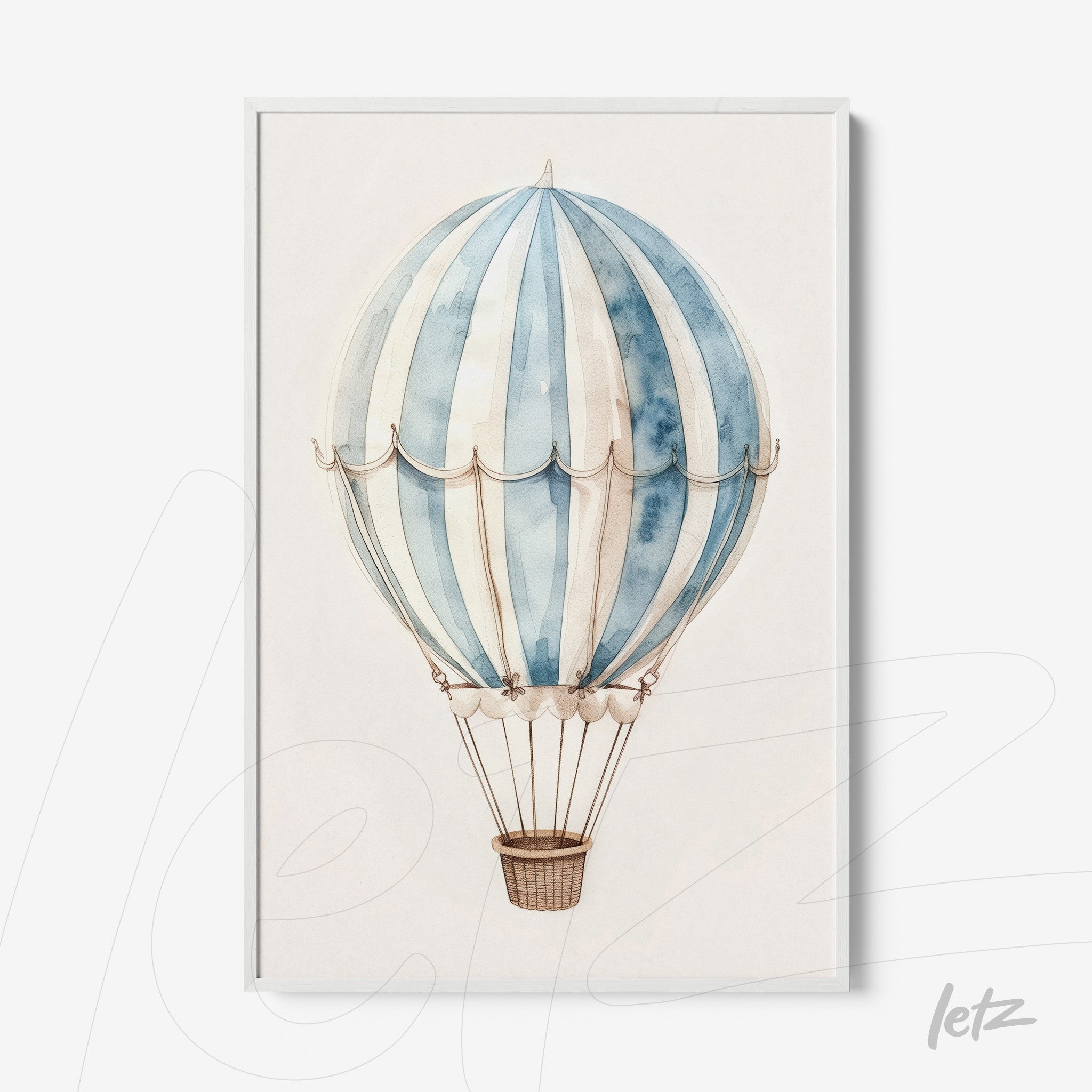 quadro com ilustração de balão de ar quente em tons de azul e branco, moldura branca