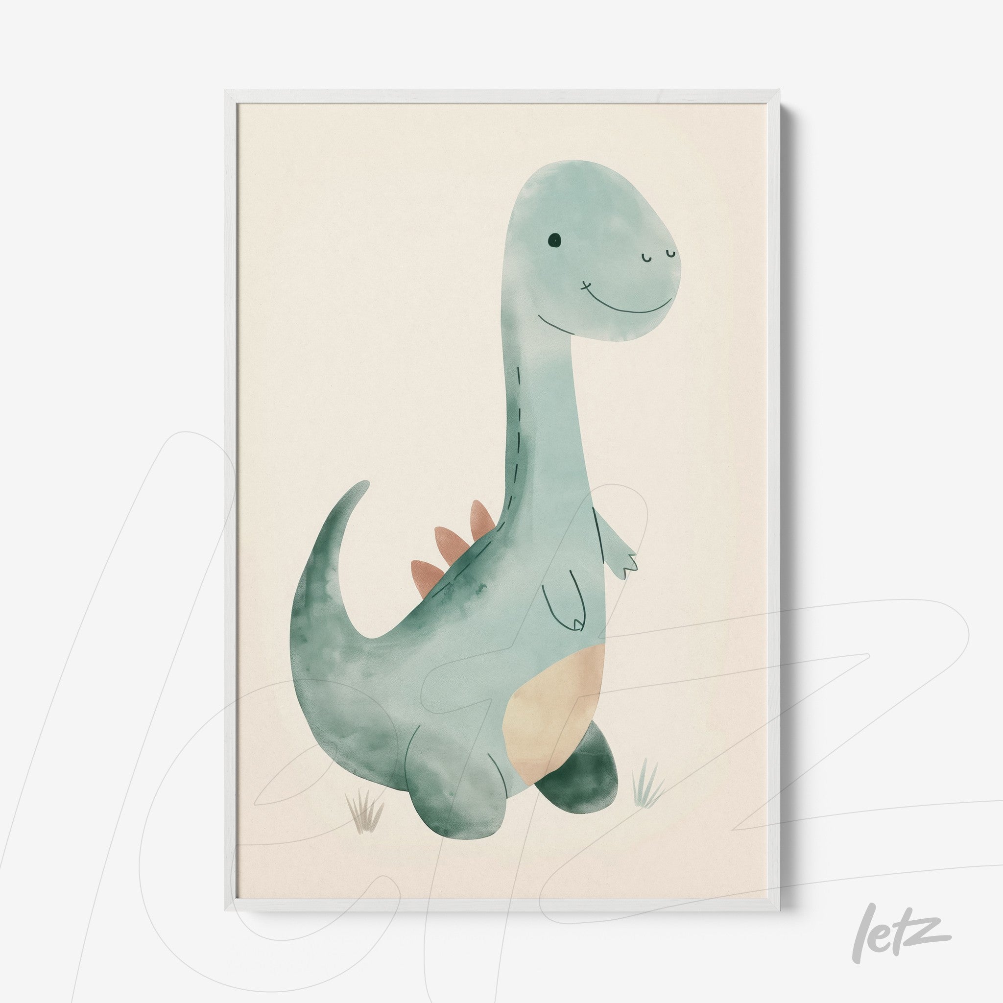 quadro com ilustração aquarelada de um dinossauro amigável em moldura branca