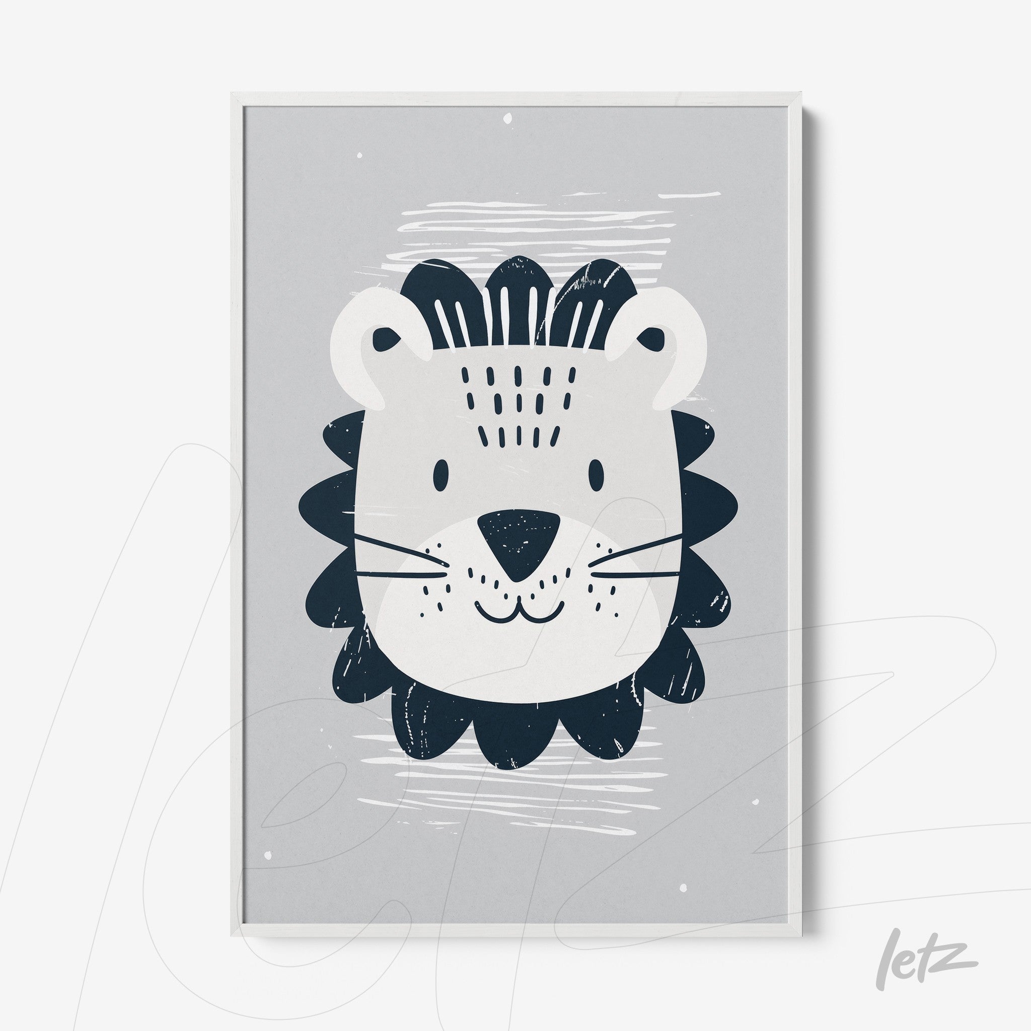 quadro com ilustração estilizada de leão em fundo cinza claro e moldura branca