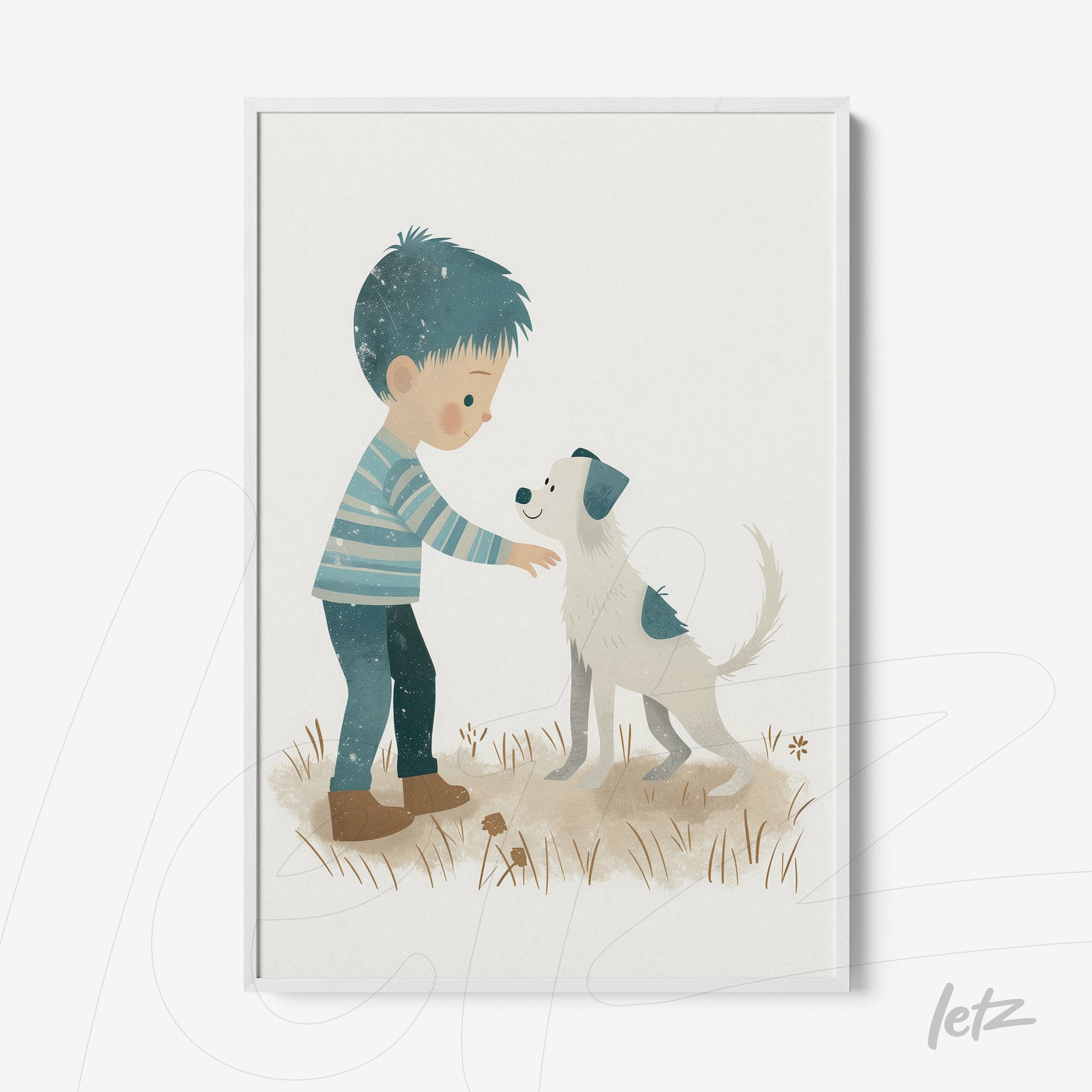 quadro com ilustração infantil de menino acariciando cachorro em moldura branca