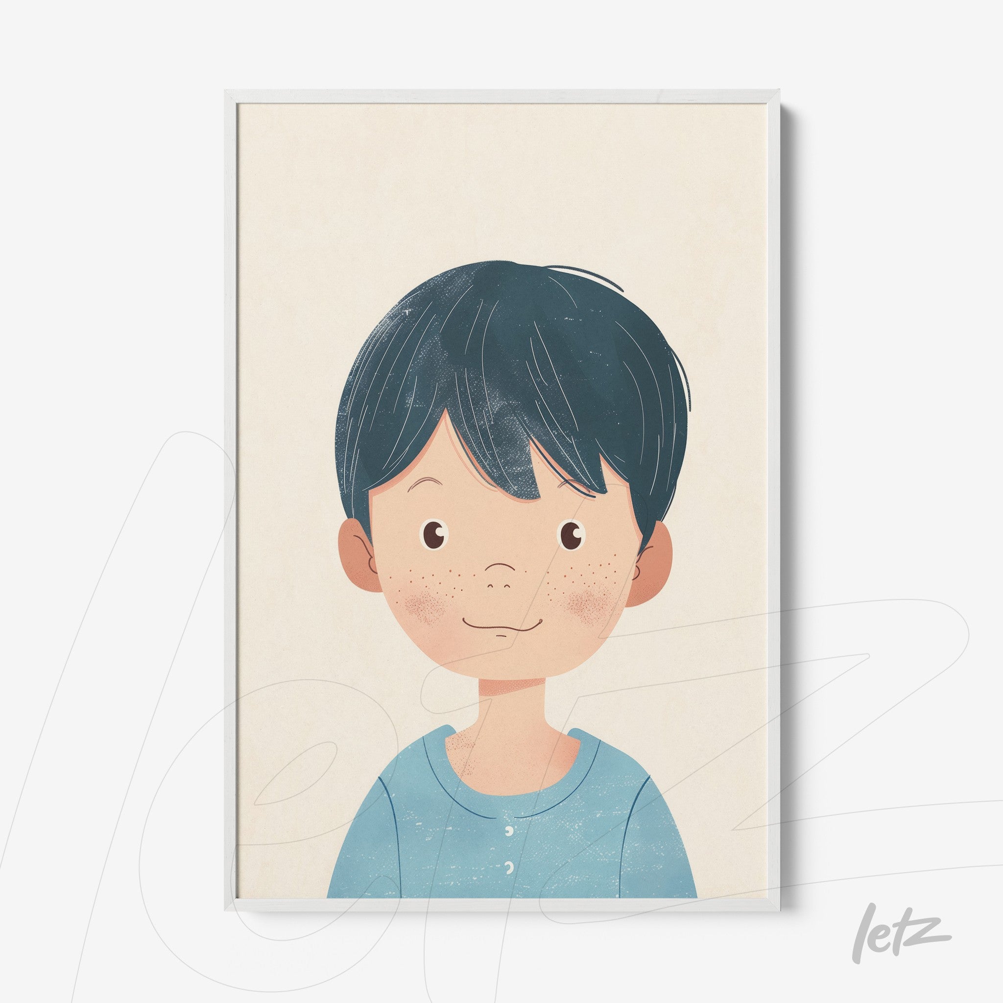 quadro com ilustração estilo cartoon de menino sorridente com cabelo curto e azul, moldura branca