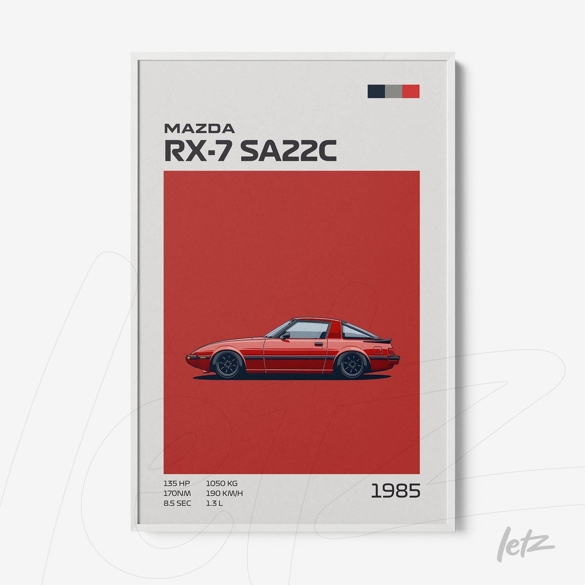 quadro com ilustração de carro Mazda RX-7 SA22C de 1985 em fundo vermelho sólido