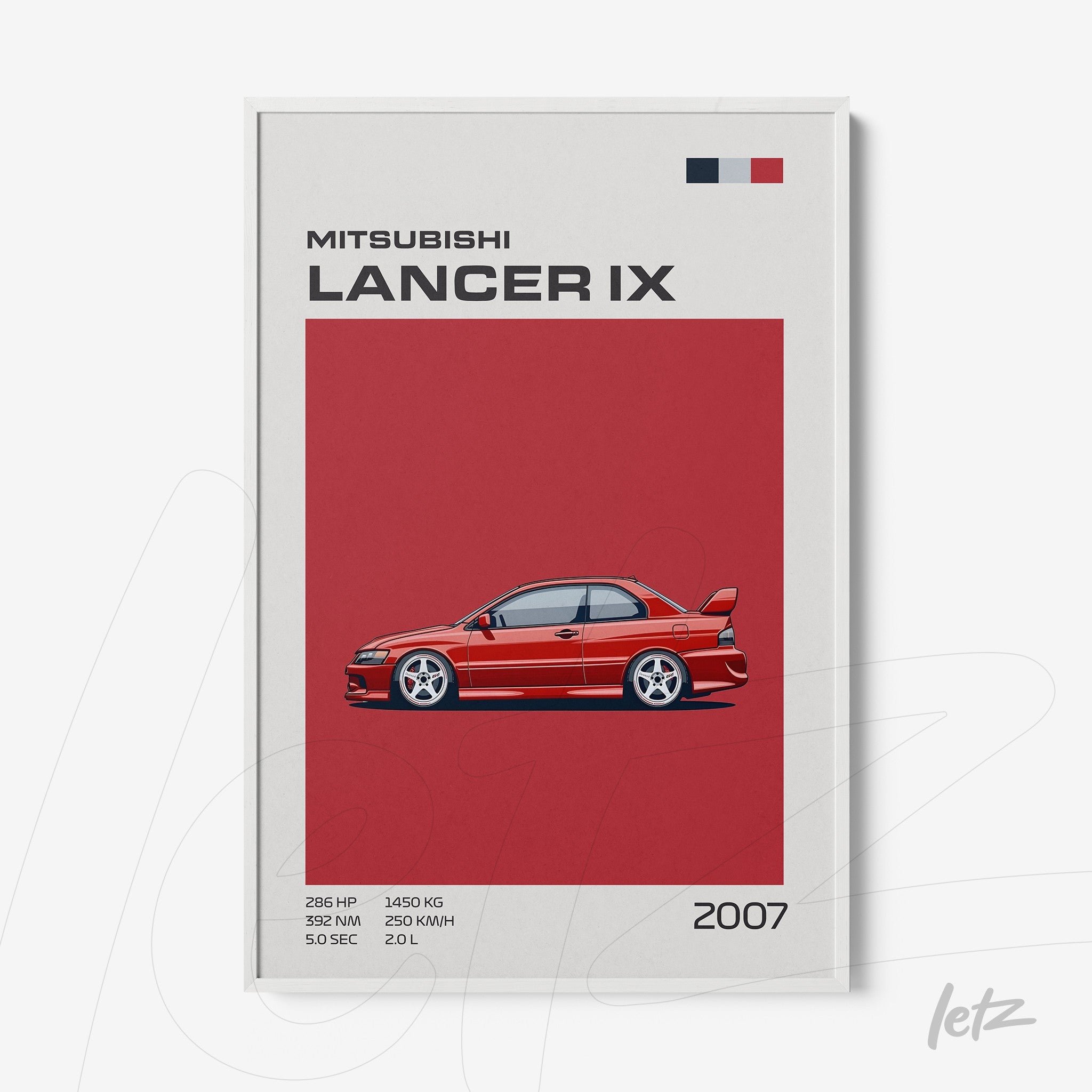 quadro com ilustração minimalista do Mitsubishi Lancer IX de 2007 em fundo vermelho e moldura branca