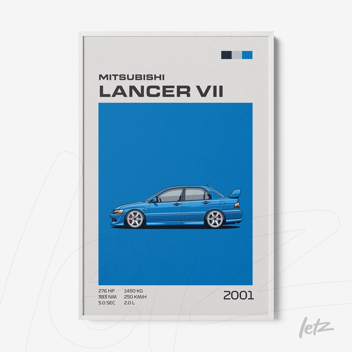 quadro com ilustração do Mitsubishi Lancer VII em fundo azul vibrante e moldura branca