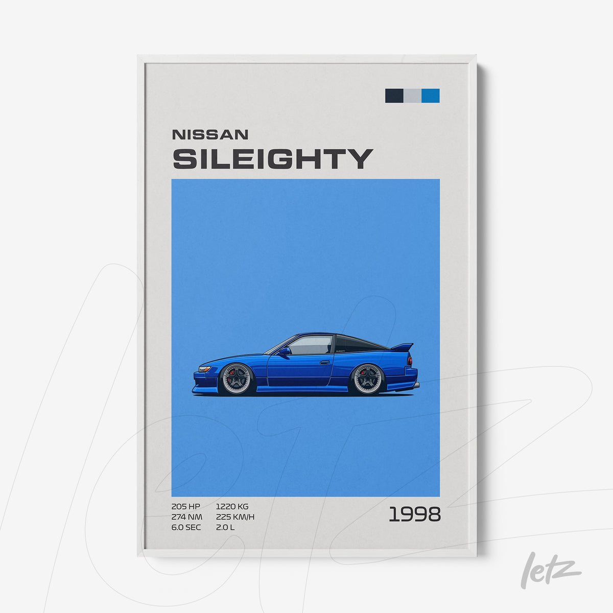 quadro com arte digital de um Nissan Sil80 azul sobre fundo azul vibrante, com detalhes técnicos e datas na parte inferior