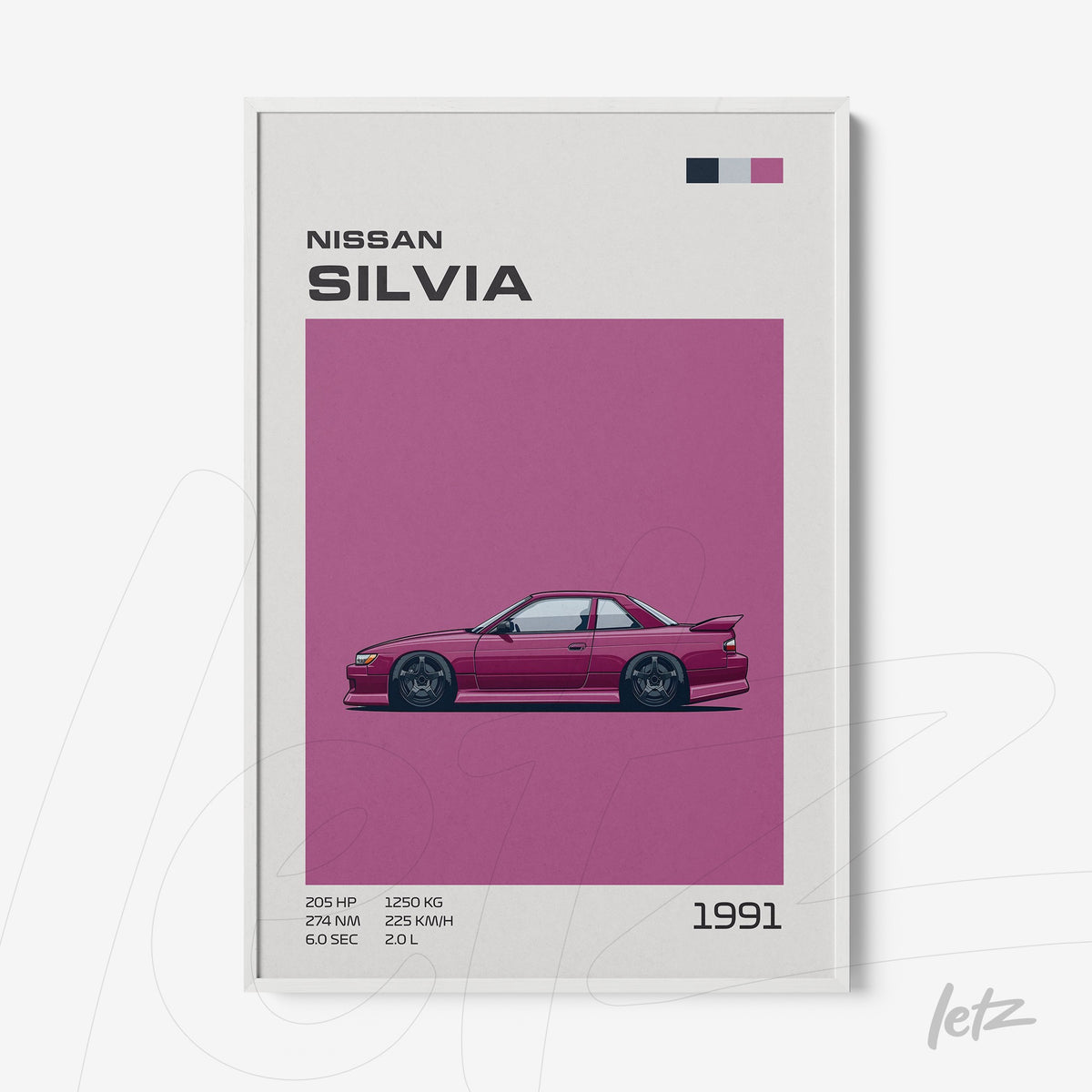 quadro com ilustração do carro Nissan Silvia de 1991 em fundo roxo, informações técnicas ao lado