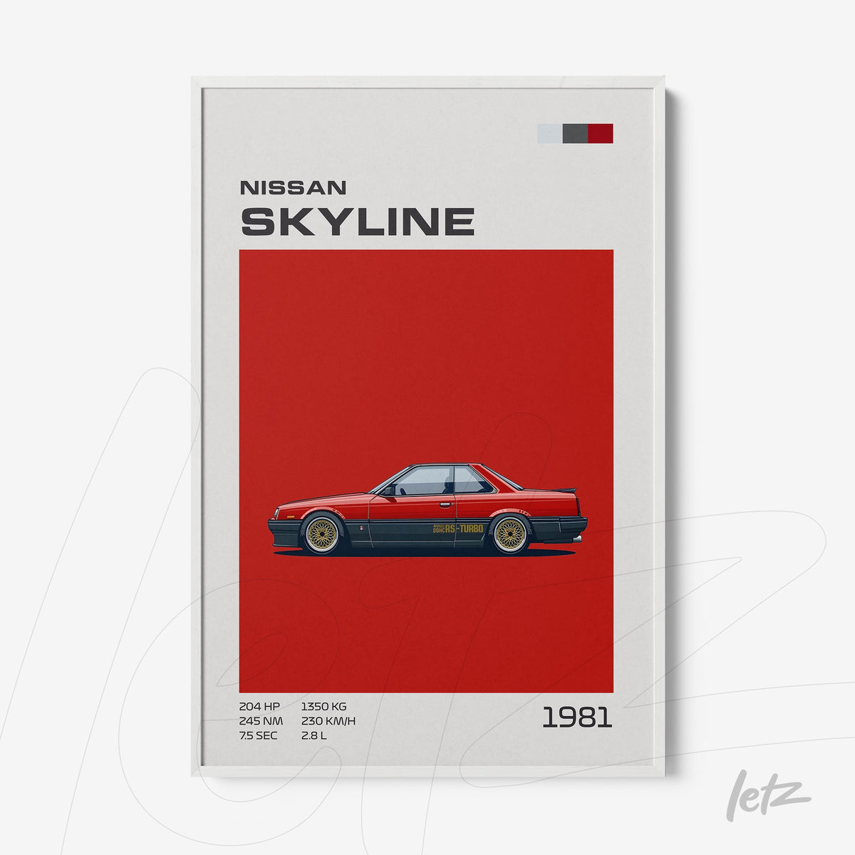 quadro com ilustração do carro Nissan Skyline de 1981, fundo vermelho e moldura branca