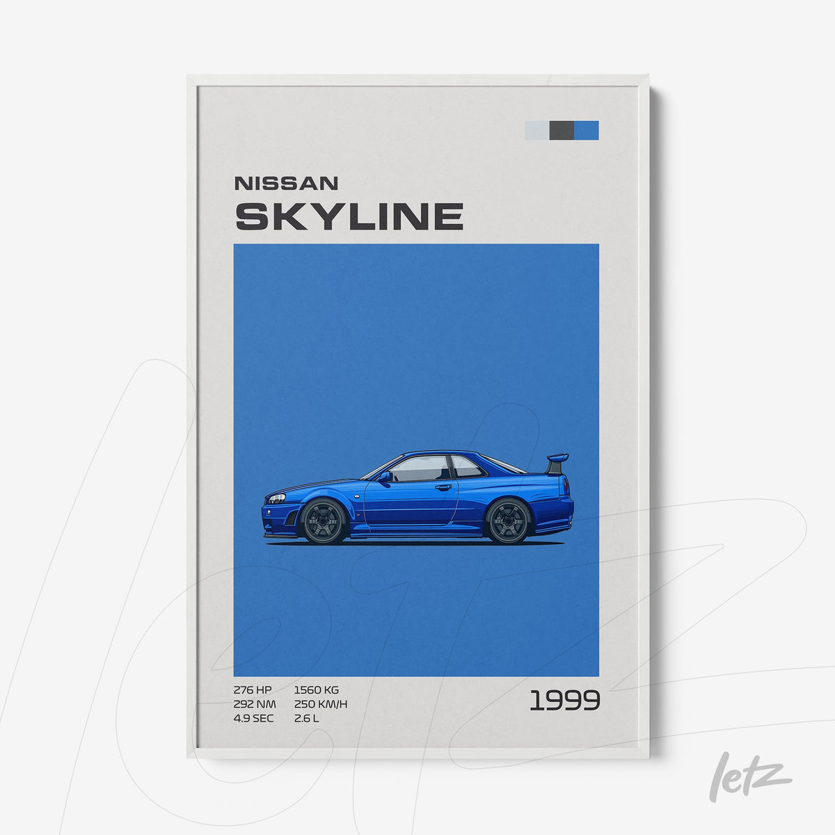 quadro com ilustração do carro Nissan Skyline 1999 em fundo azul com moldura branca