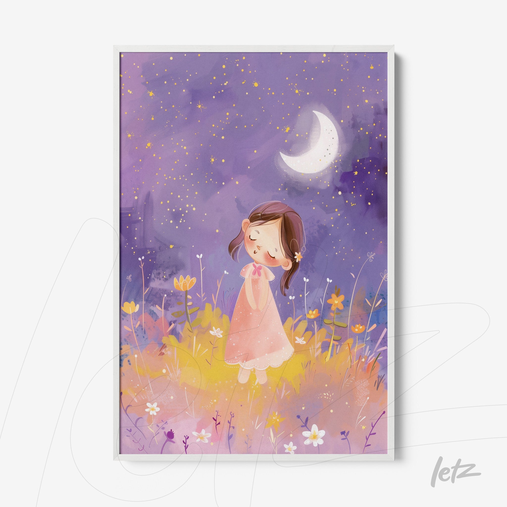 quadro com ilustração infantil de menina em vestido rosa rodeada por flores sob um céu estrelado com a lua crescente, em moldura branca