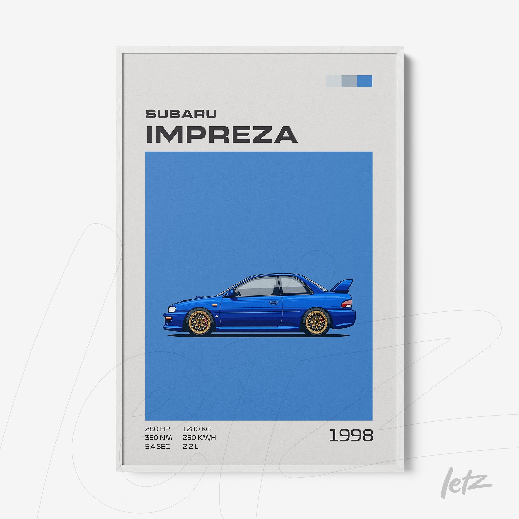 quadro com ilustração digital de um Subaru Impreza azul em fundo azul vibrante, com detalhes técnicos como potência e peso na parte superior