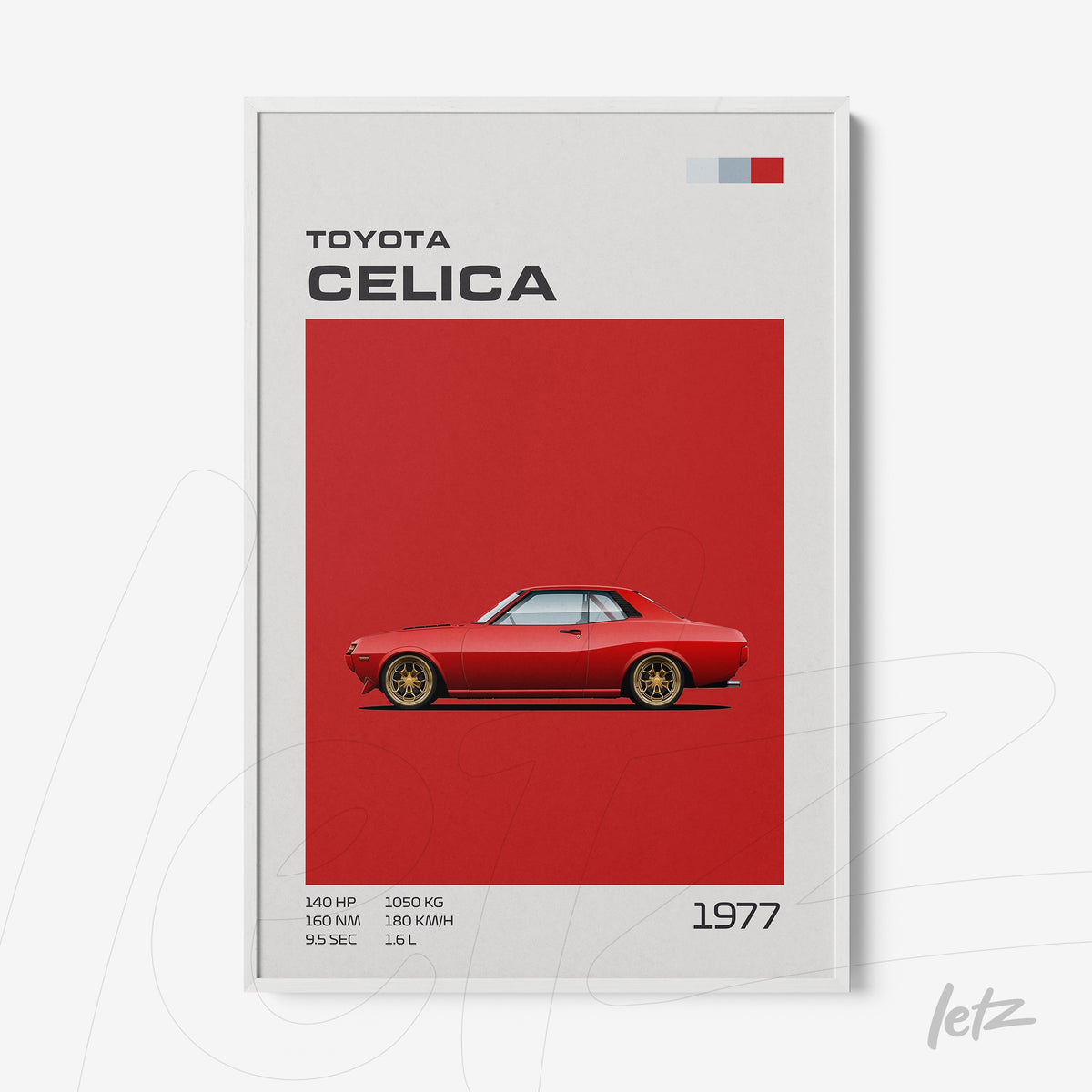 quadro com ilustração de carro esportivo Toyota Celica 1977 em fundo vermelho vibrante