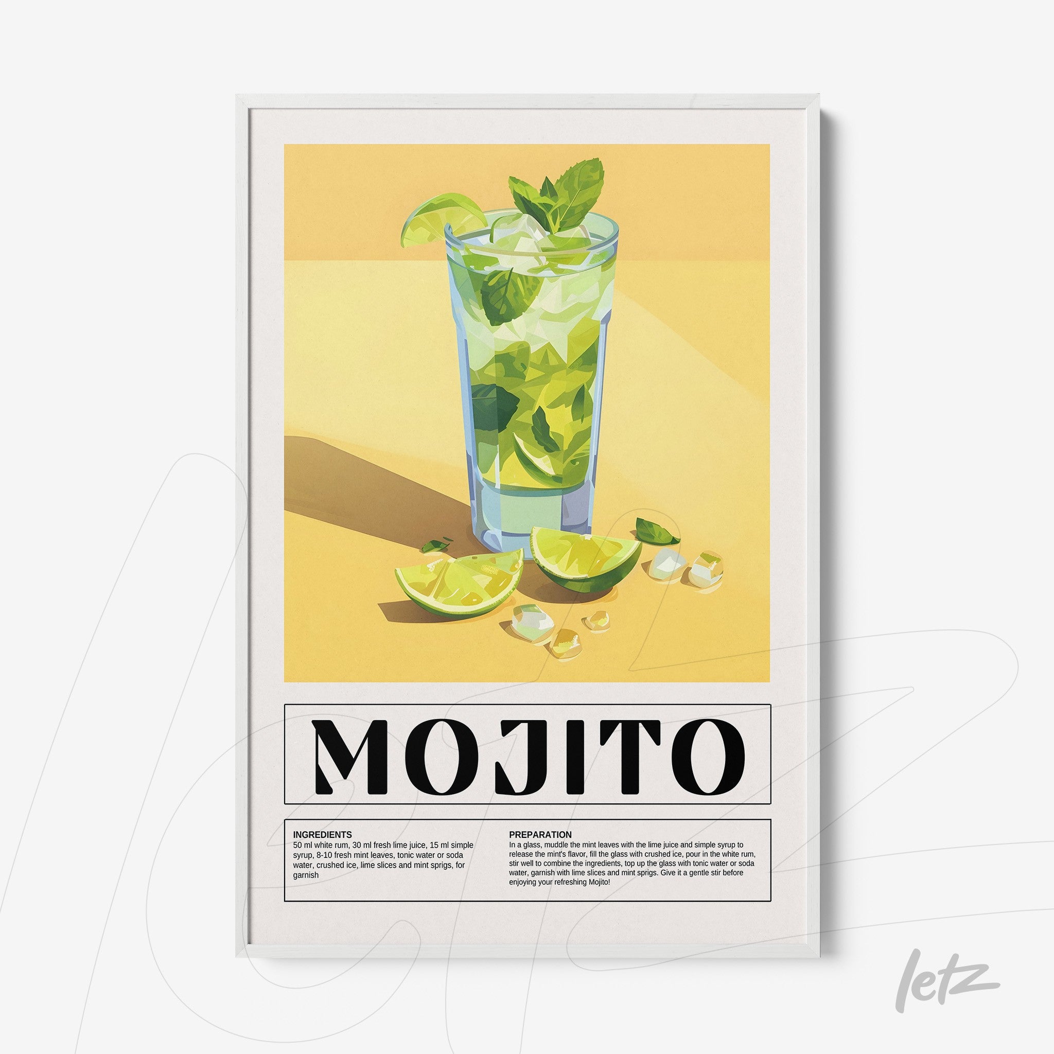 quadro com arte gráfica do drink mojito em moldura branca com fundo amarelo