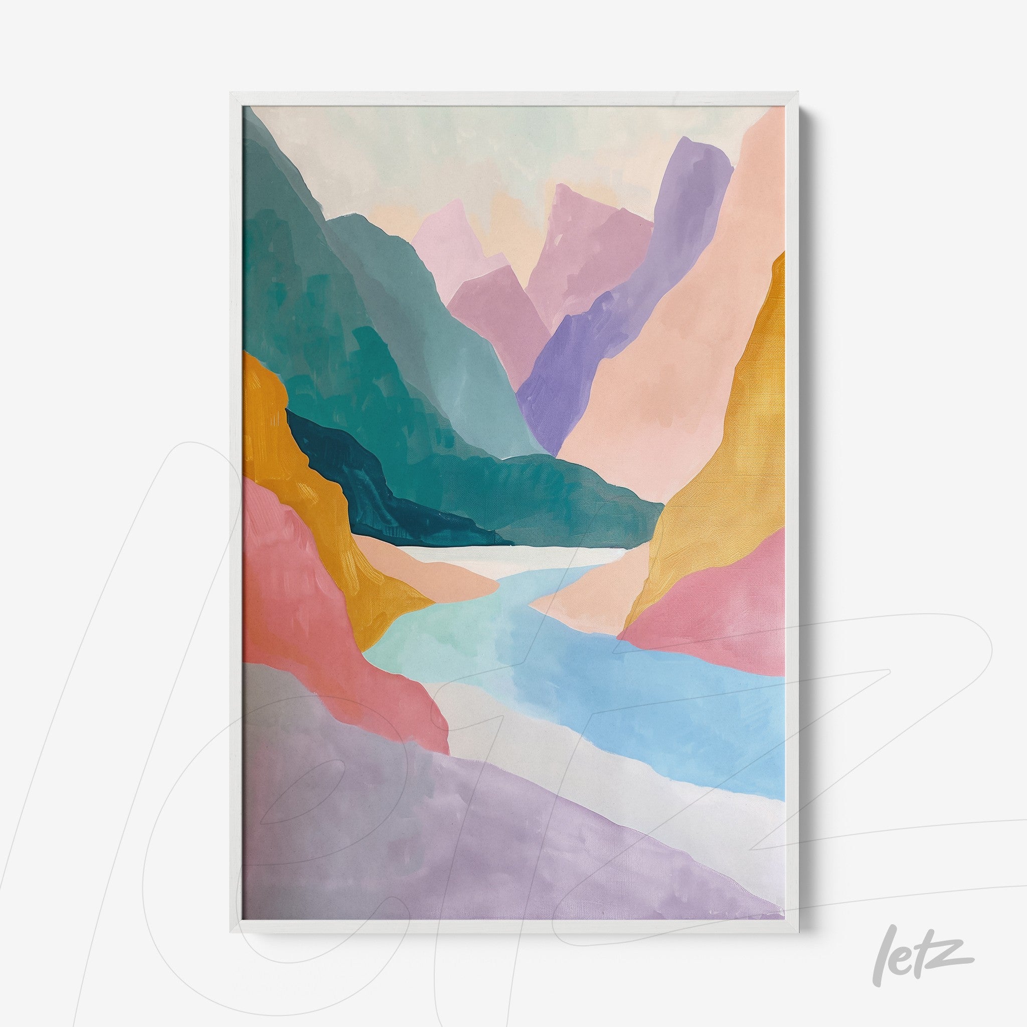 quadro com arte abstrata de paisagem montanhosa em moldura branca