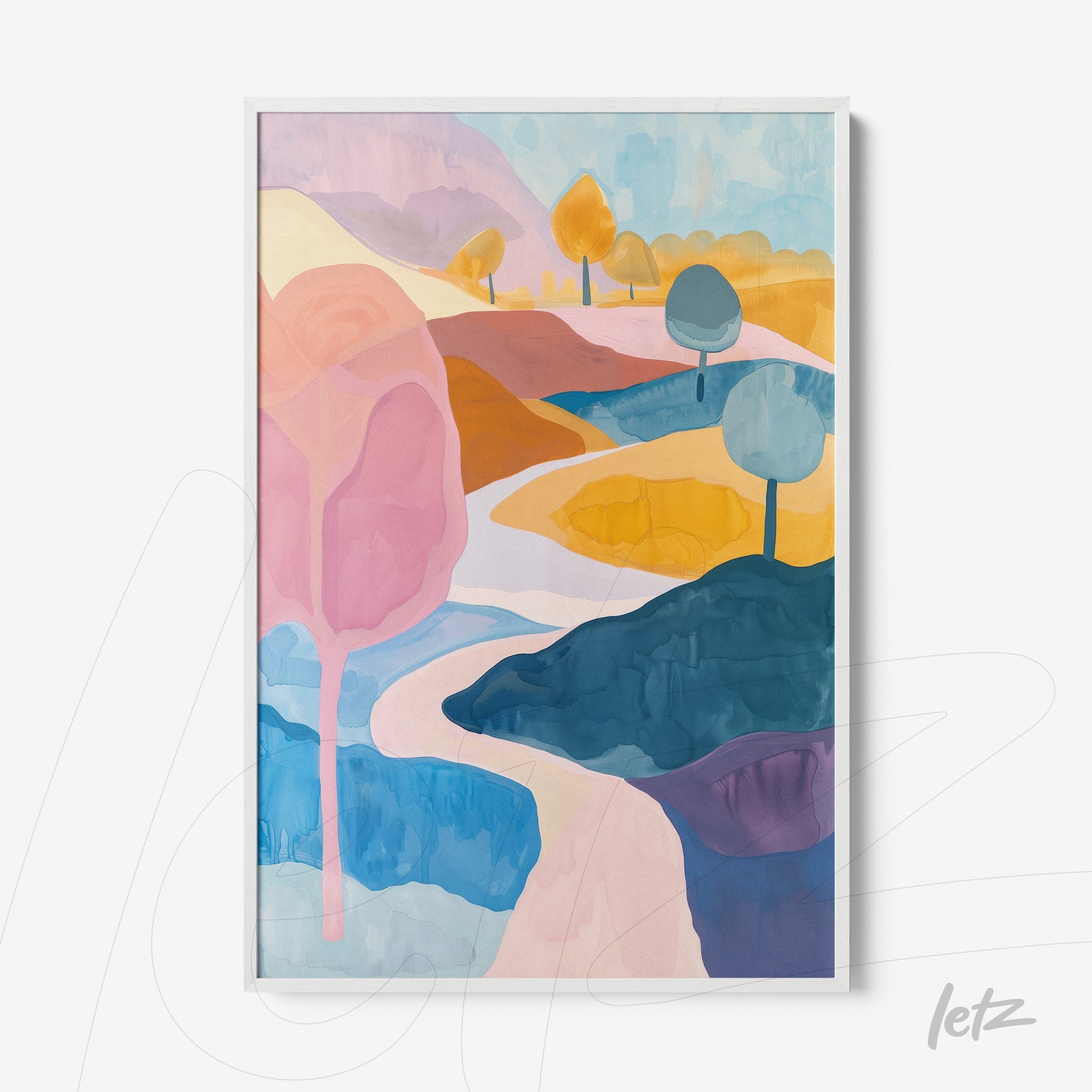 quadro com arte abstrata apresentando um caminho sinuoso em um paisagem colorida com árvores em tons pastel, moldura branca