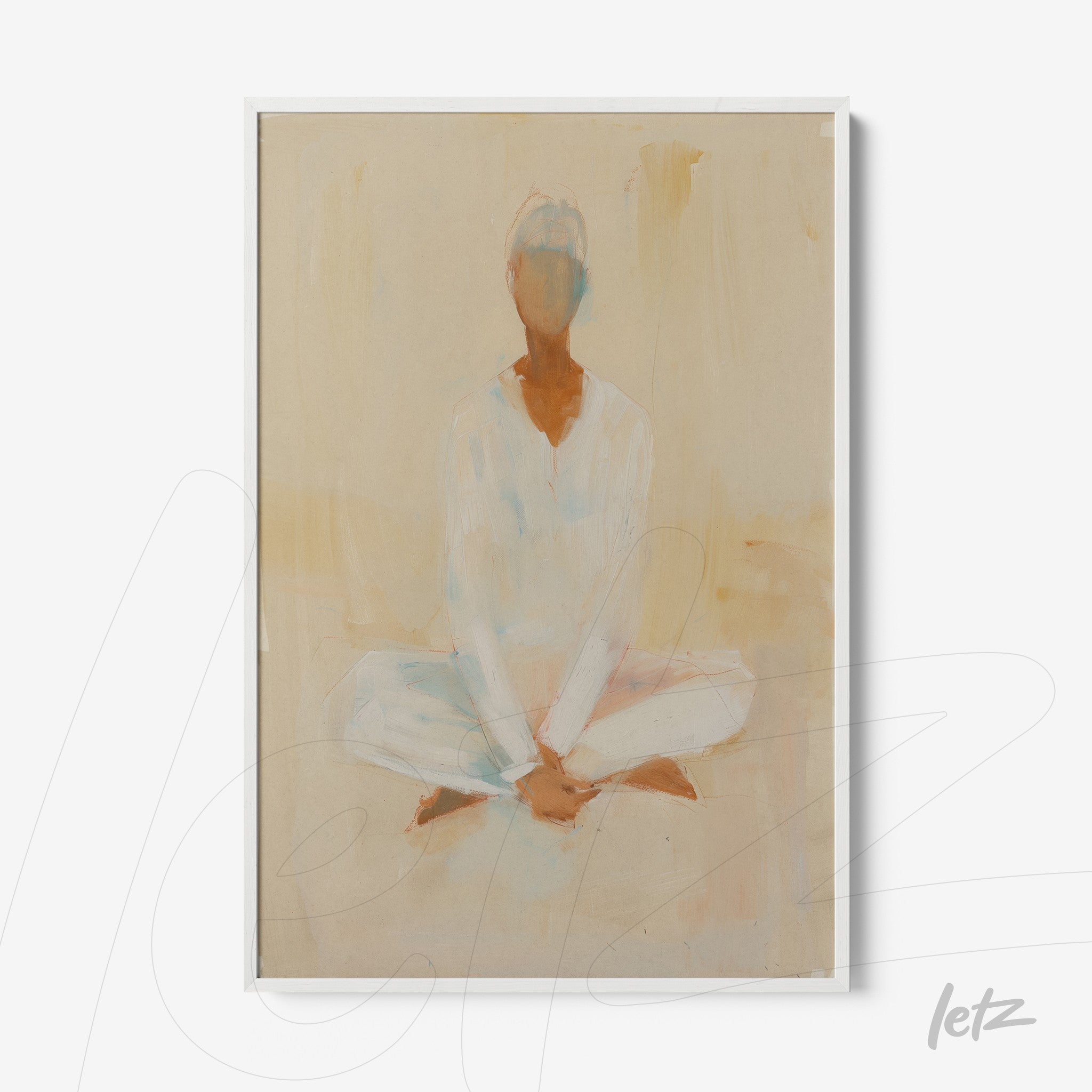 quadro com arte abstrata de figura em posição de meditação, fundo em tons neutros e moldura branca