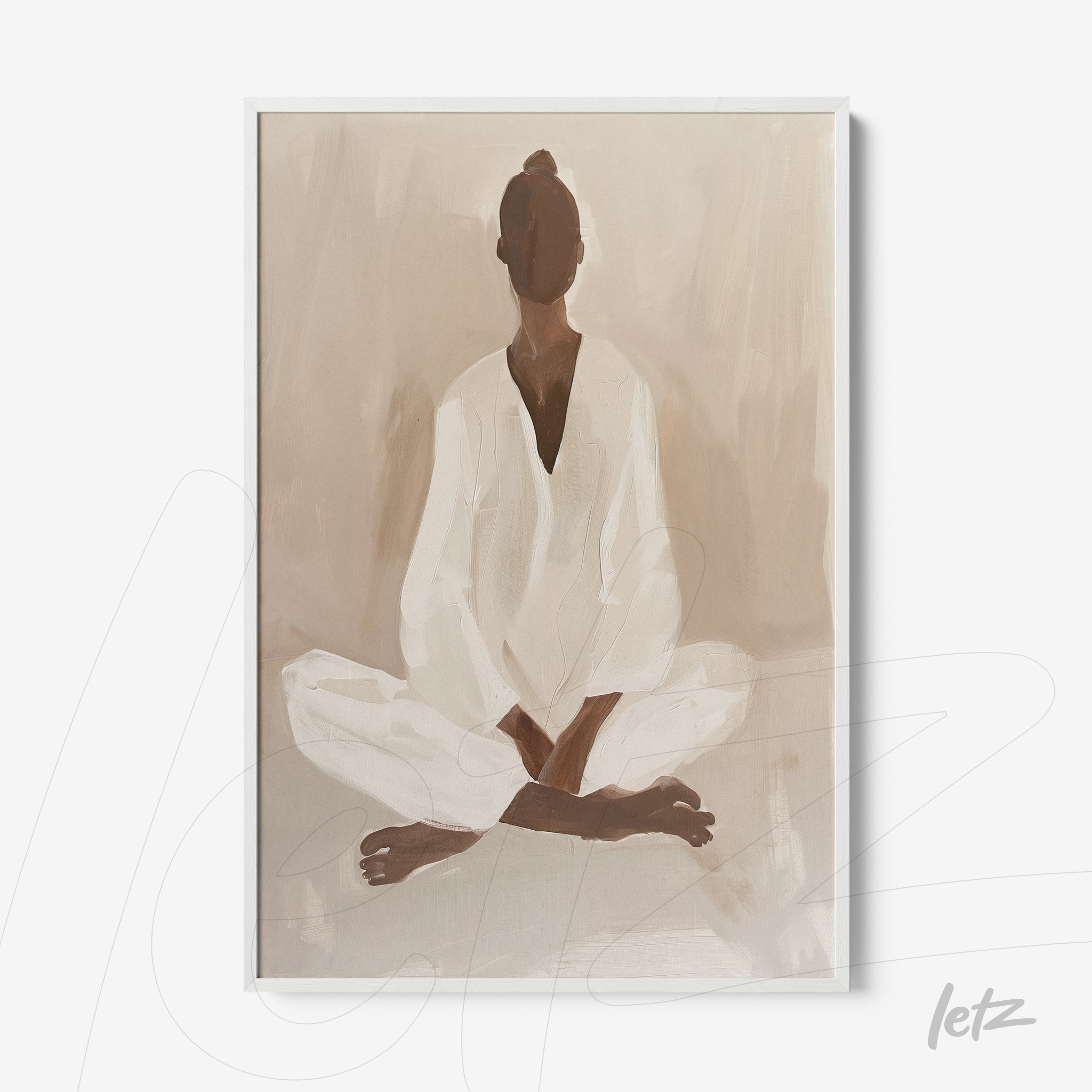 quadro com arte abstrata de figura meditativa em tonais beges, moldurado com moldura branca