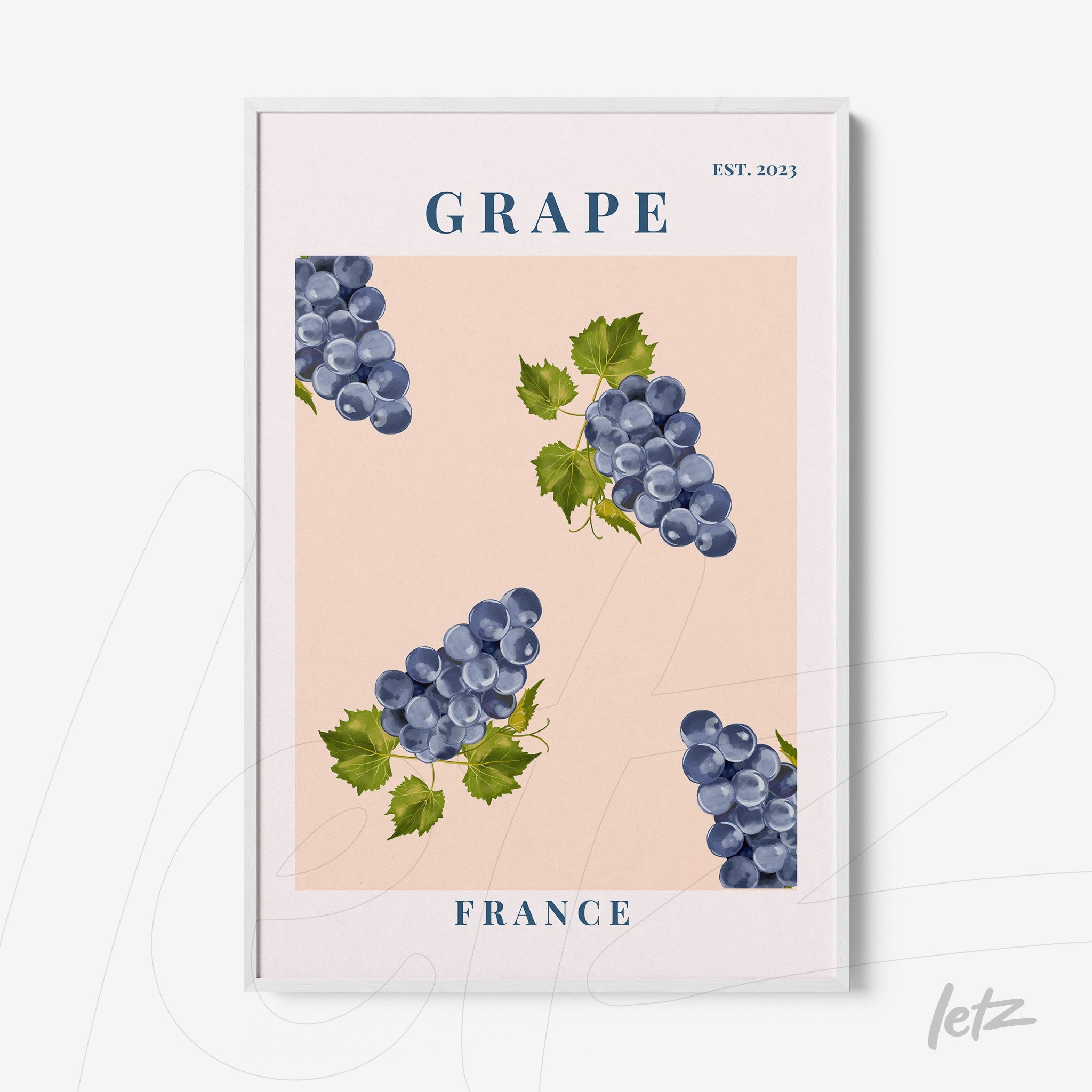 quadro decorativo com ilustração de uvas em fundo rosa claro e moldura branca