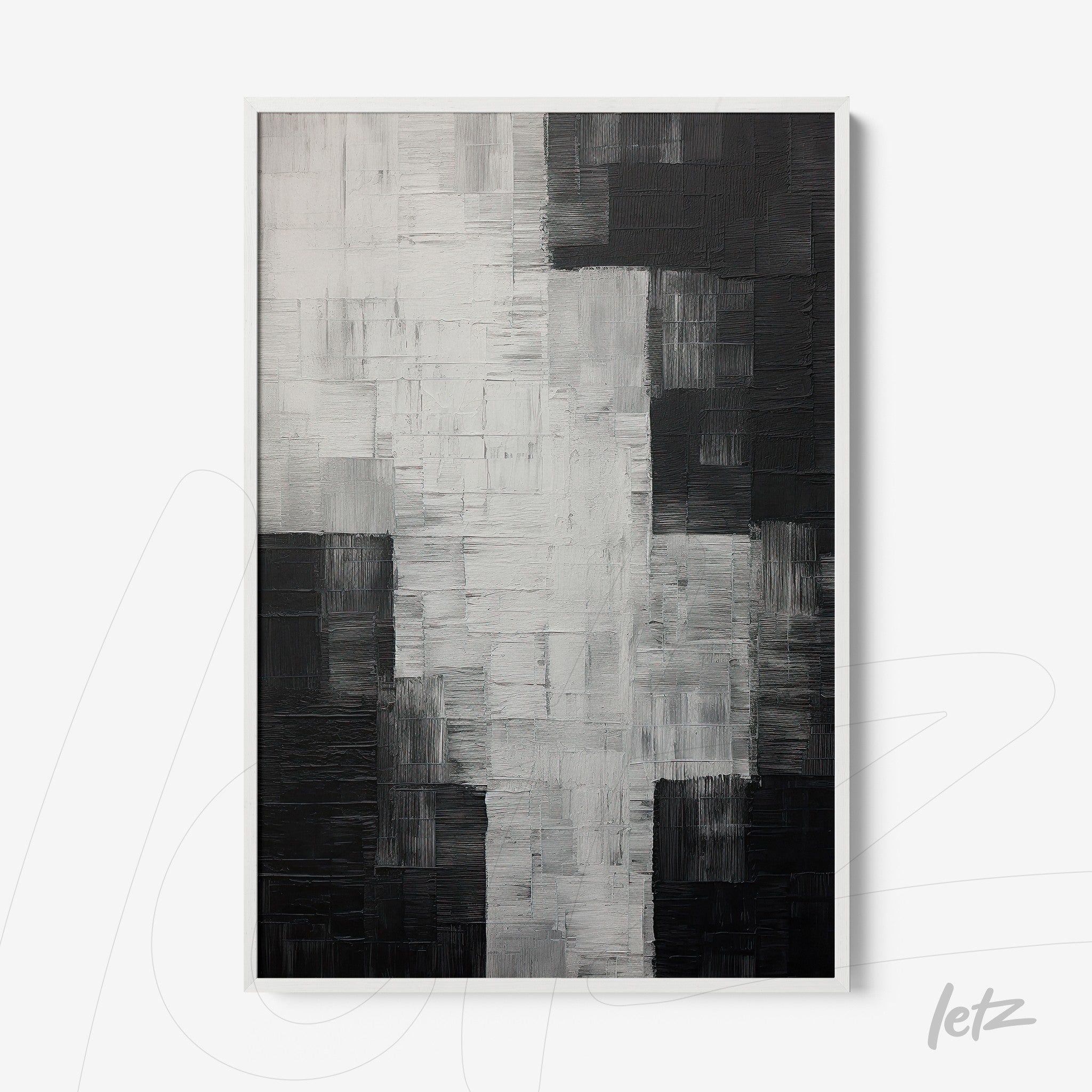 quadro abstrato em preto e branco com texturas minimalistas em moldura branca