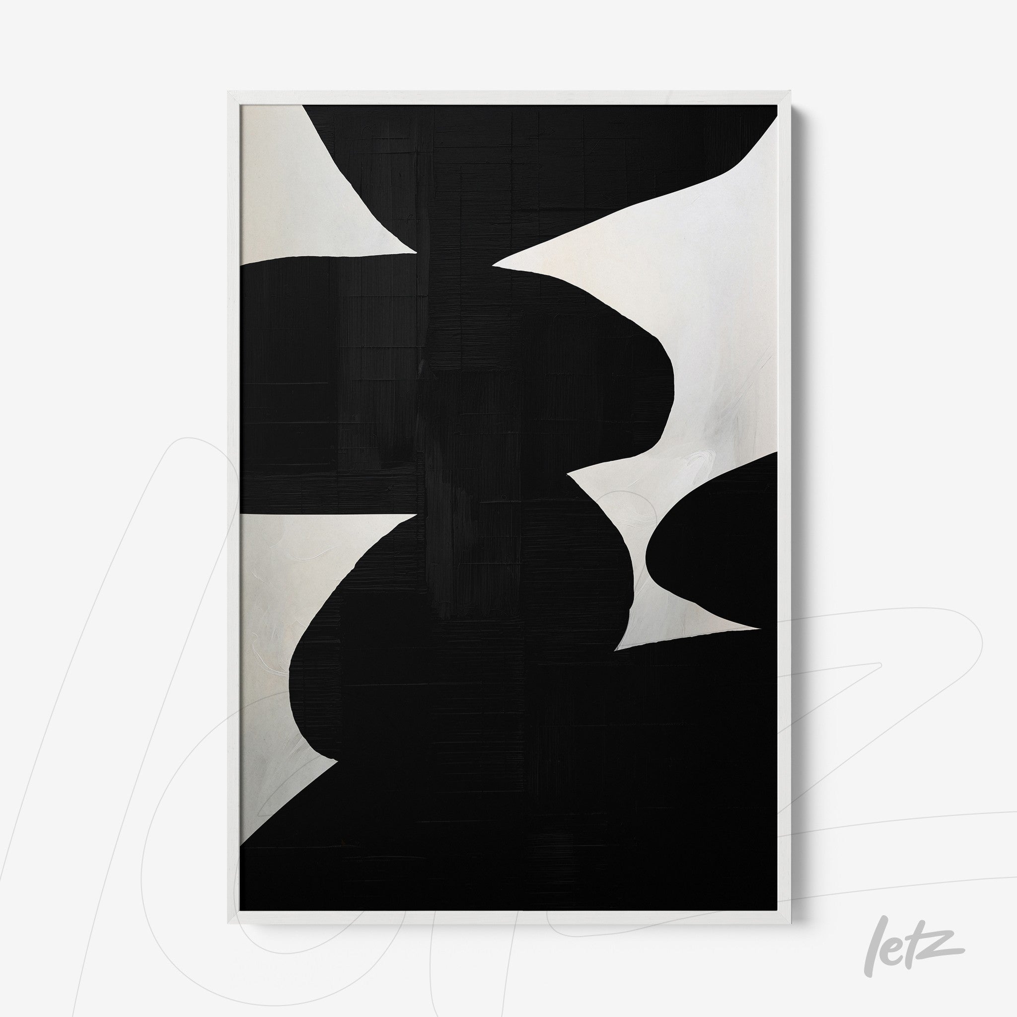 quadro abstracto em preto e branco com formas orgânicas em moldura branca