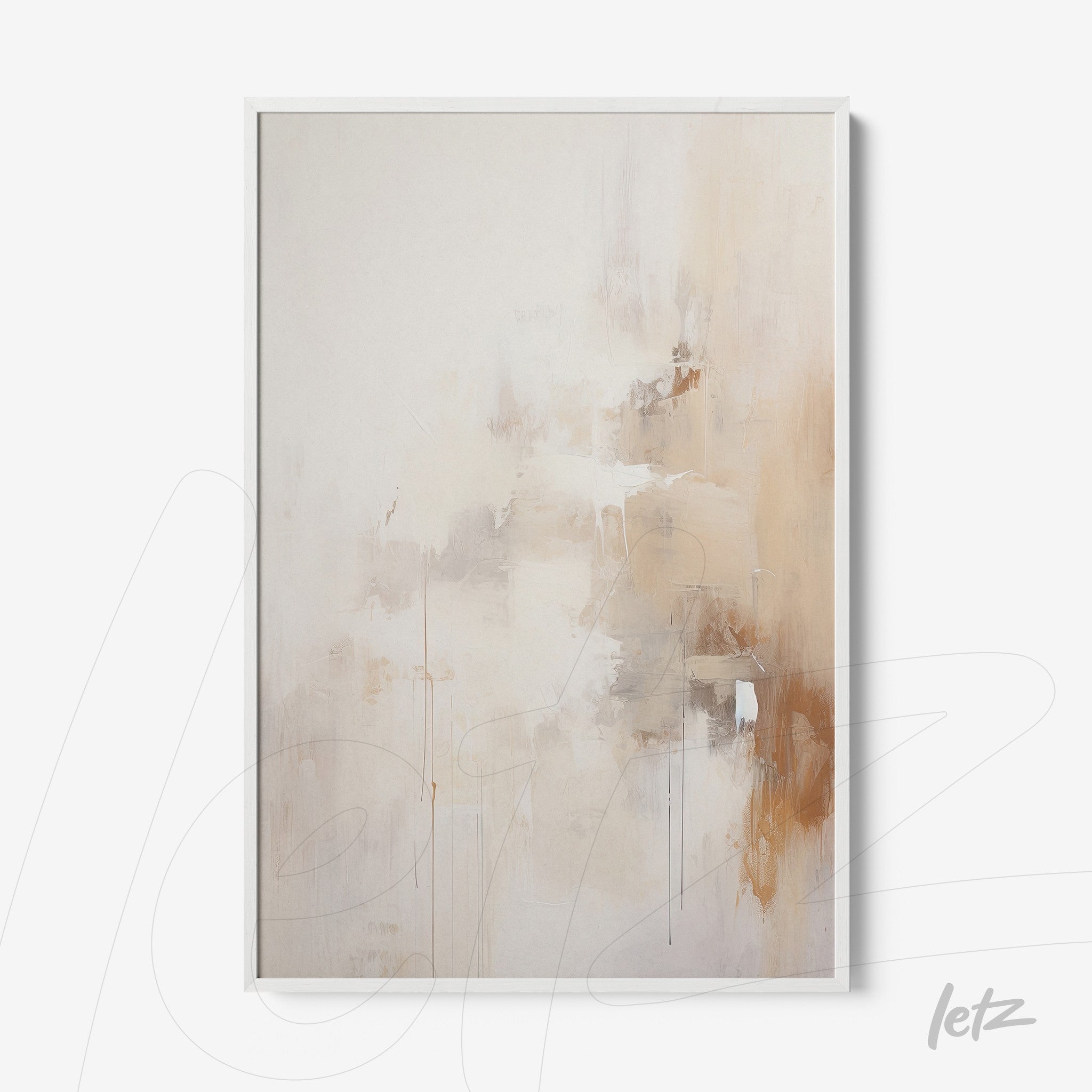 quadro com arte abstrata em tons neutros e detalhes em marrom, em moldura branca