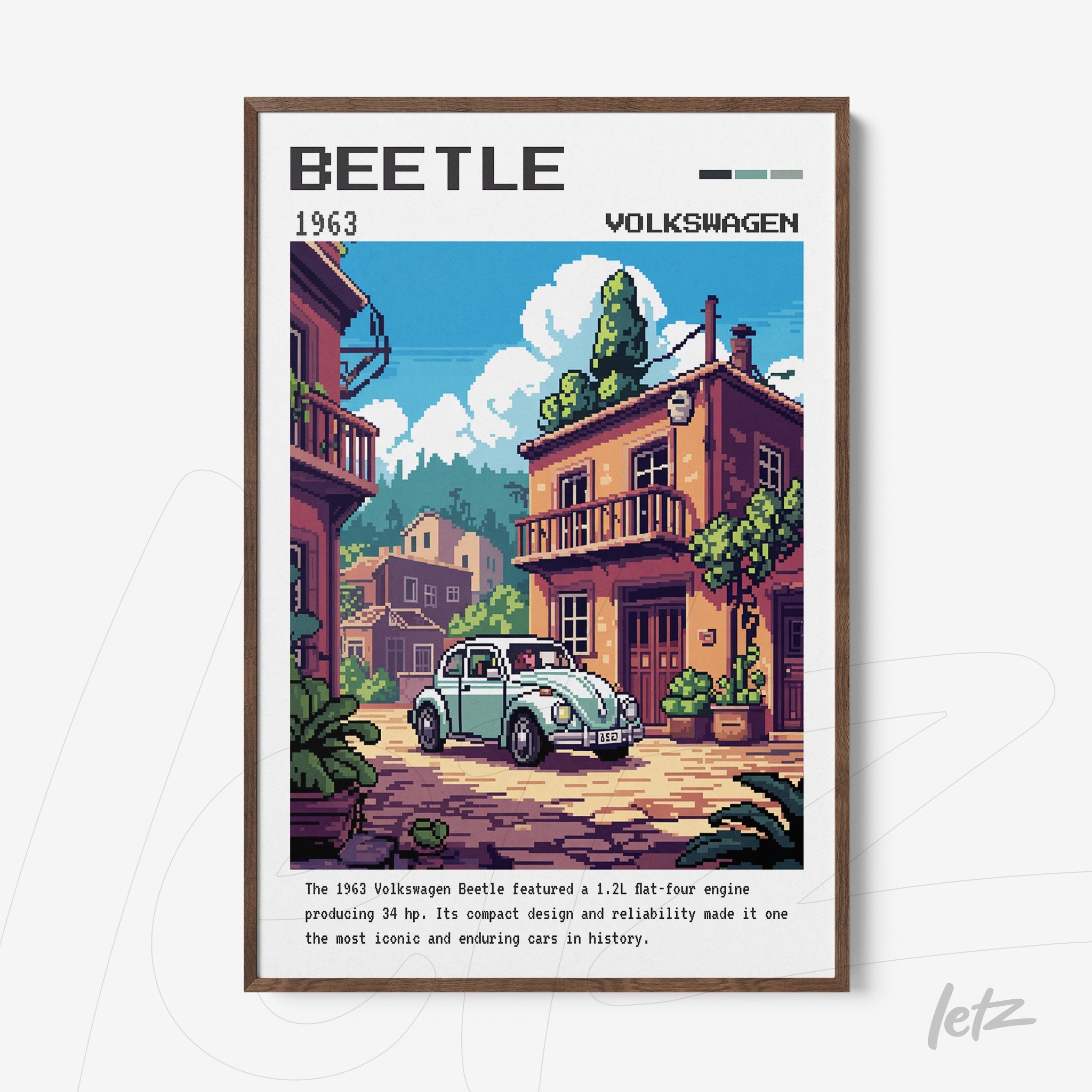 quadro com arte pixelada do carro Volkswagen Beetle 1963 em uma cena urbana com casas coloridas