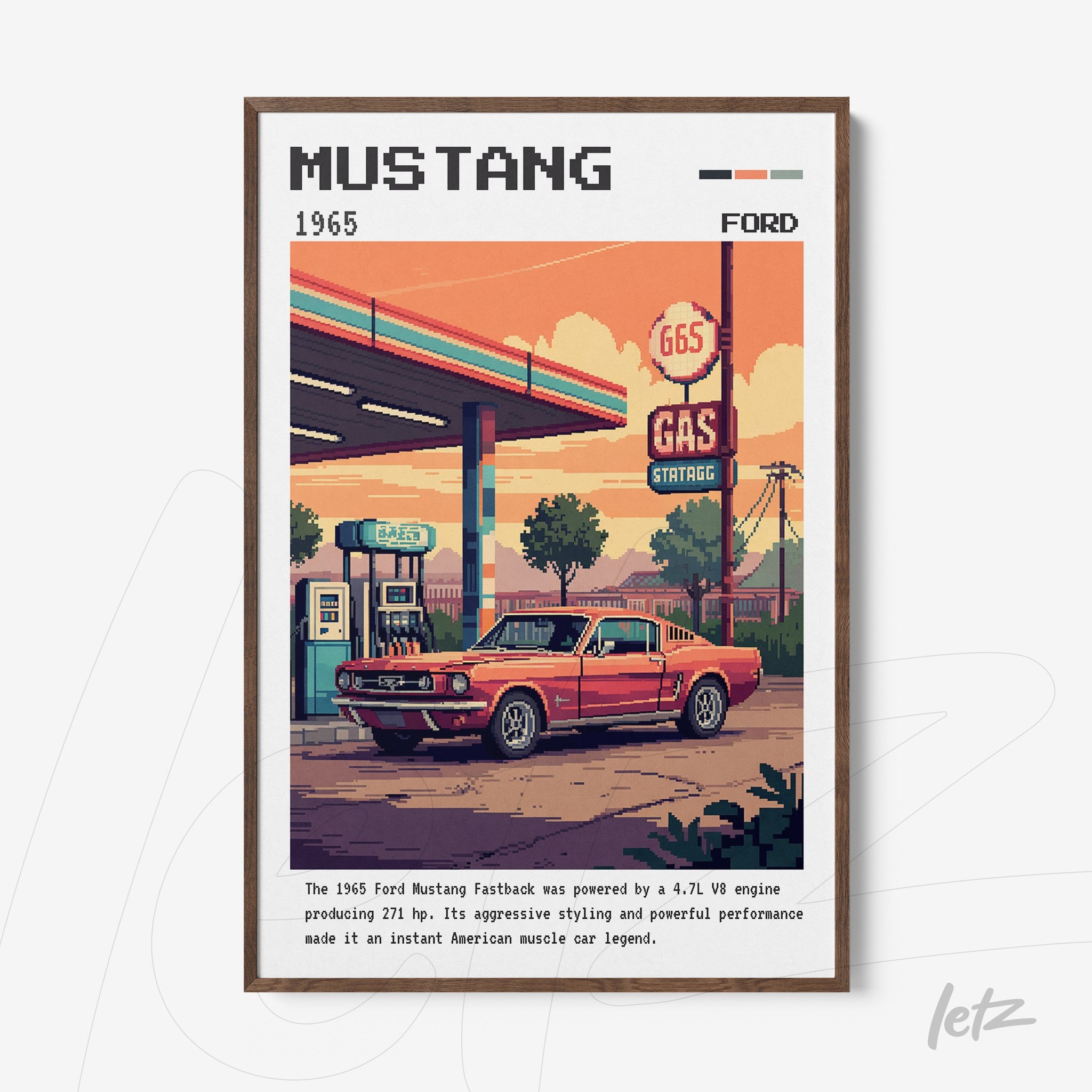 quadro com arte pixelada de um carro Ford Mustang 1965 estacionado em um antigo posto de gasolina, moldura marrom escura