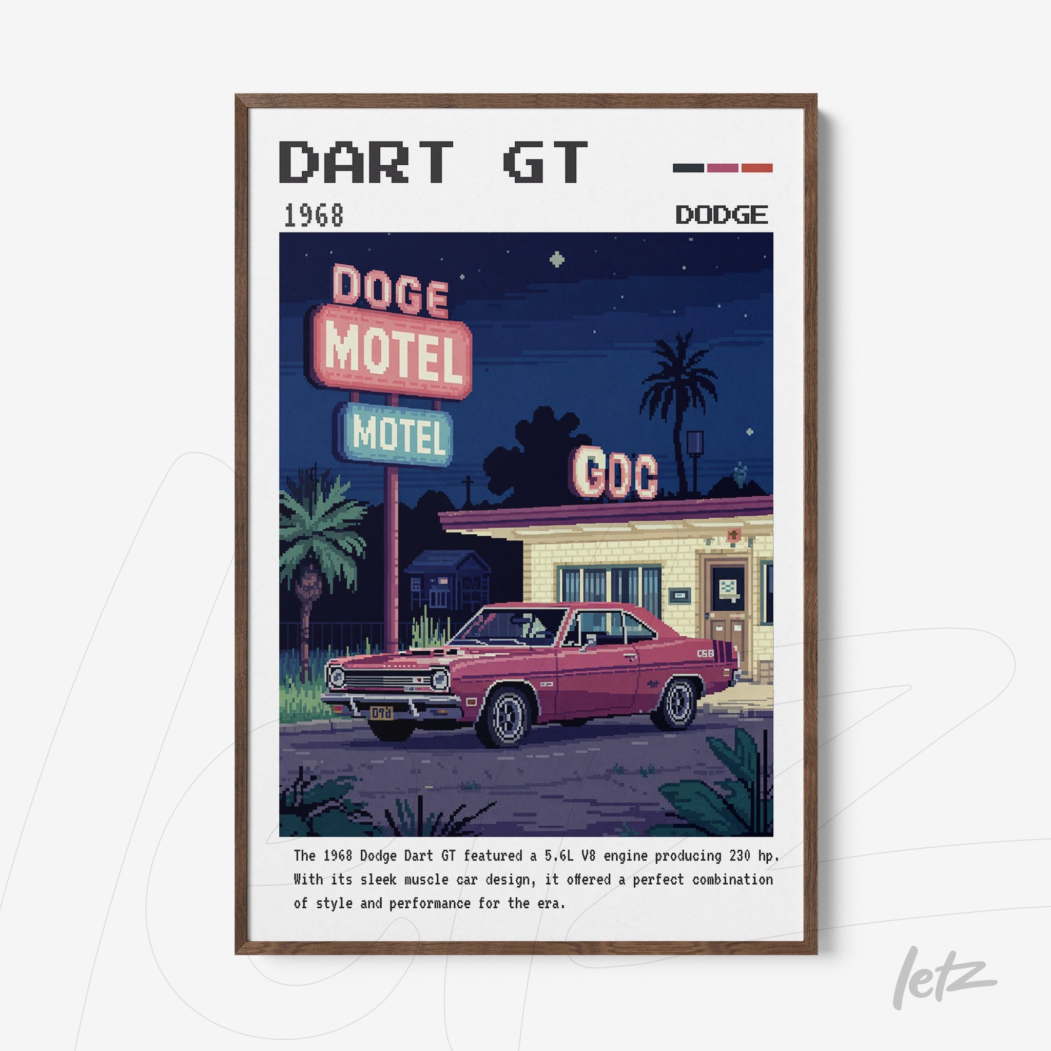 quadro com arte retrô do carro Dodge Dart GT de 1968 em frente ao motel com elementos de pixel art e moldura marrom clara