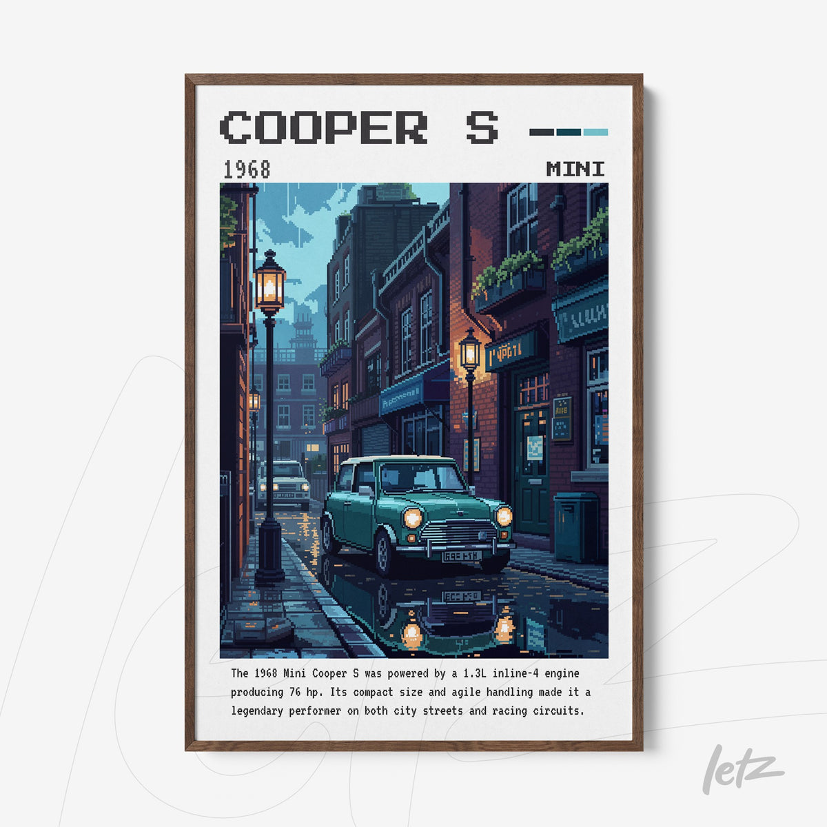 quadro em moldura de madeira escura com ilustração detalhada de um carro Mini Cooper S em uma rua urbana chuvosa