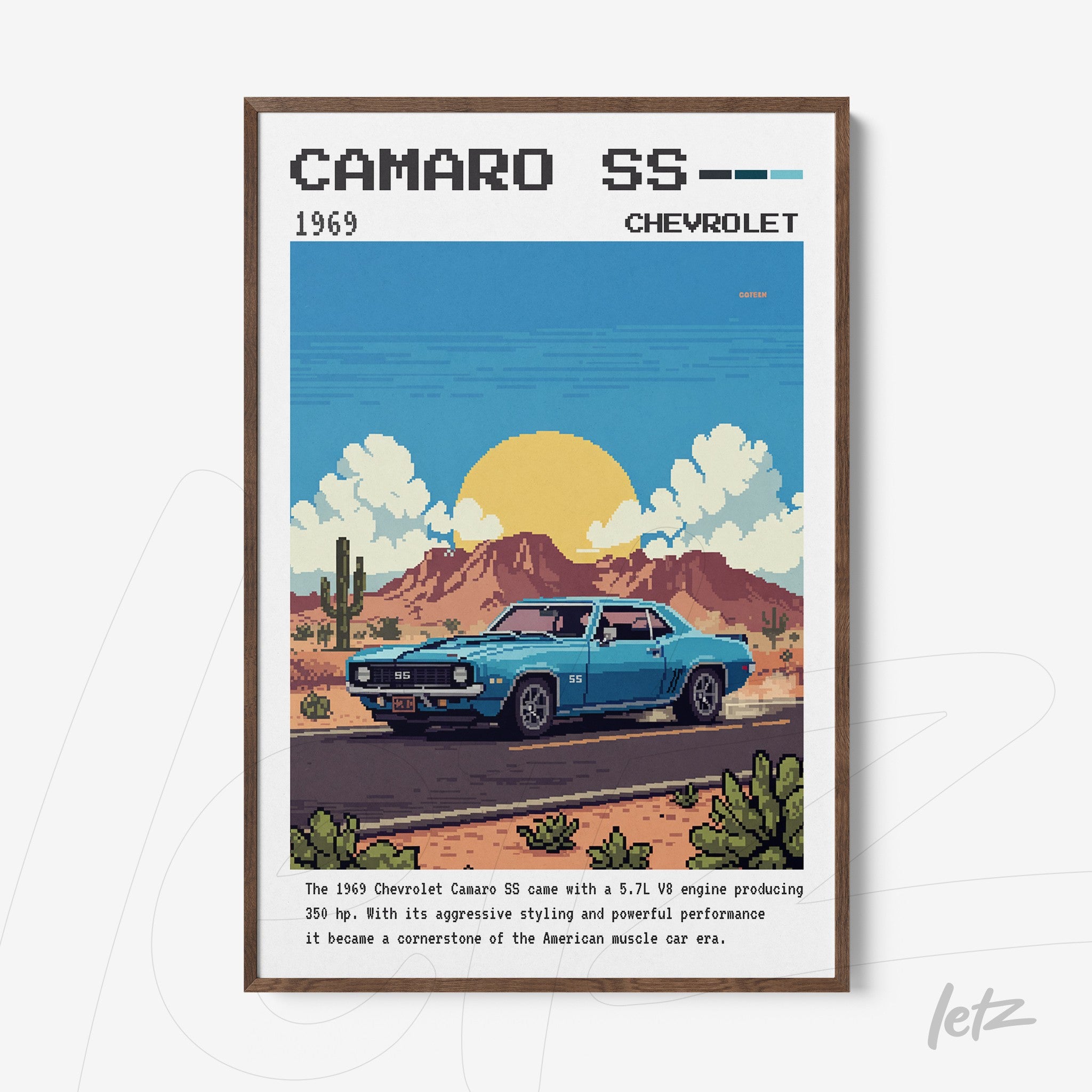 quadro com ilustração pixelada do carro Camaro SS de 1969 em moldura marrom clara
