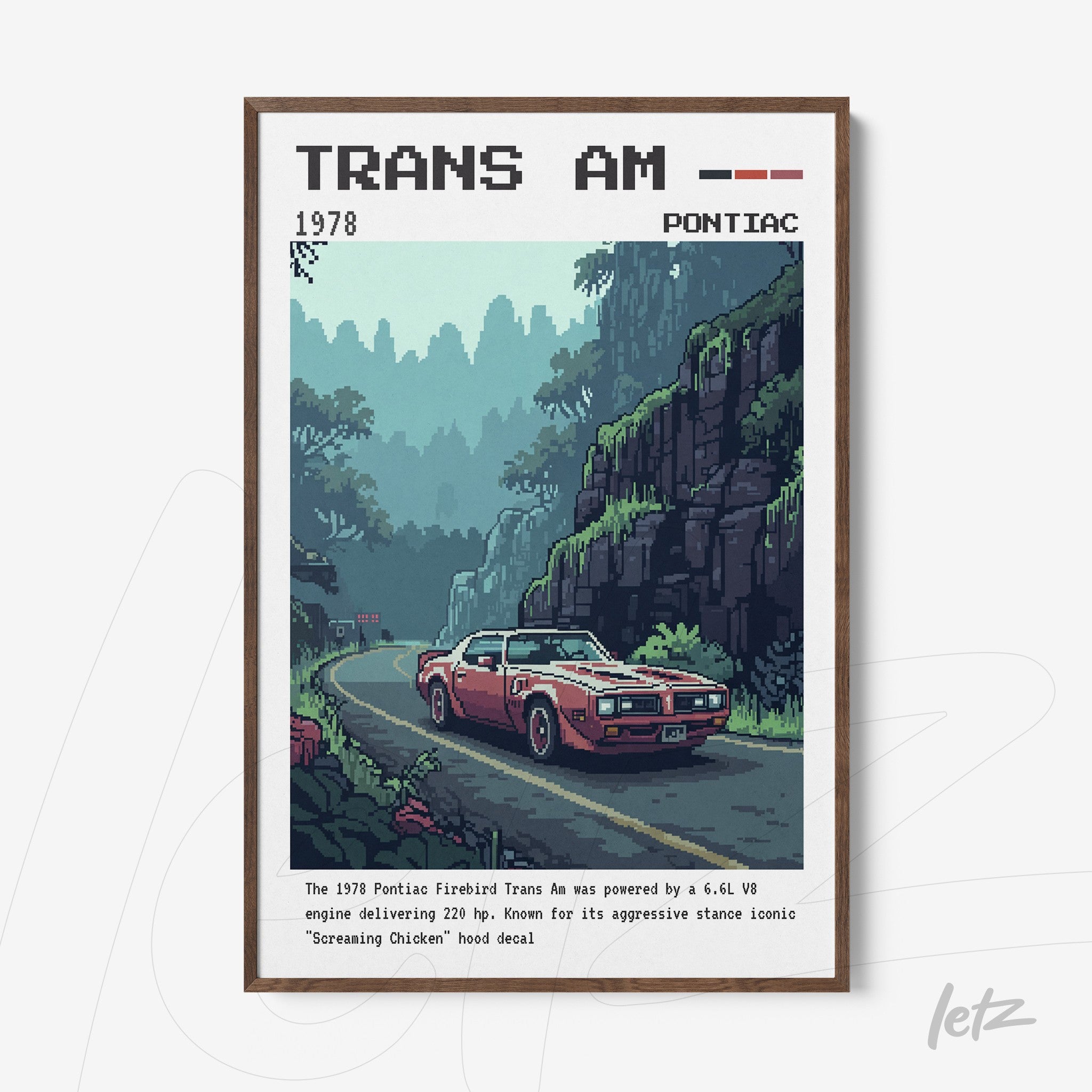 quadro emoldurado com arte pixelada de um carro Trans Am vermelho em uma estrada cercada por montanhas verdes