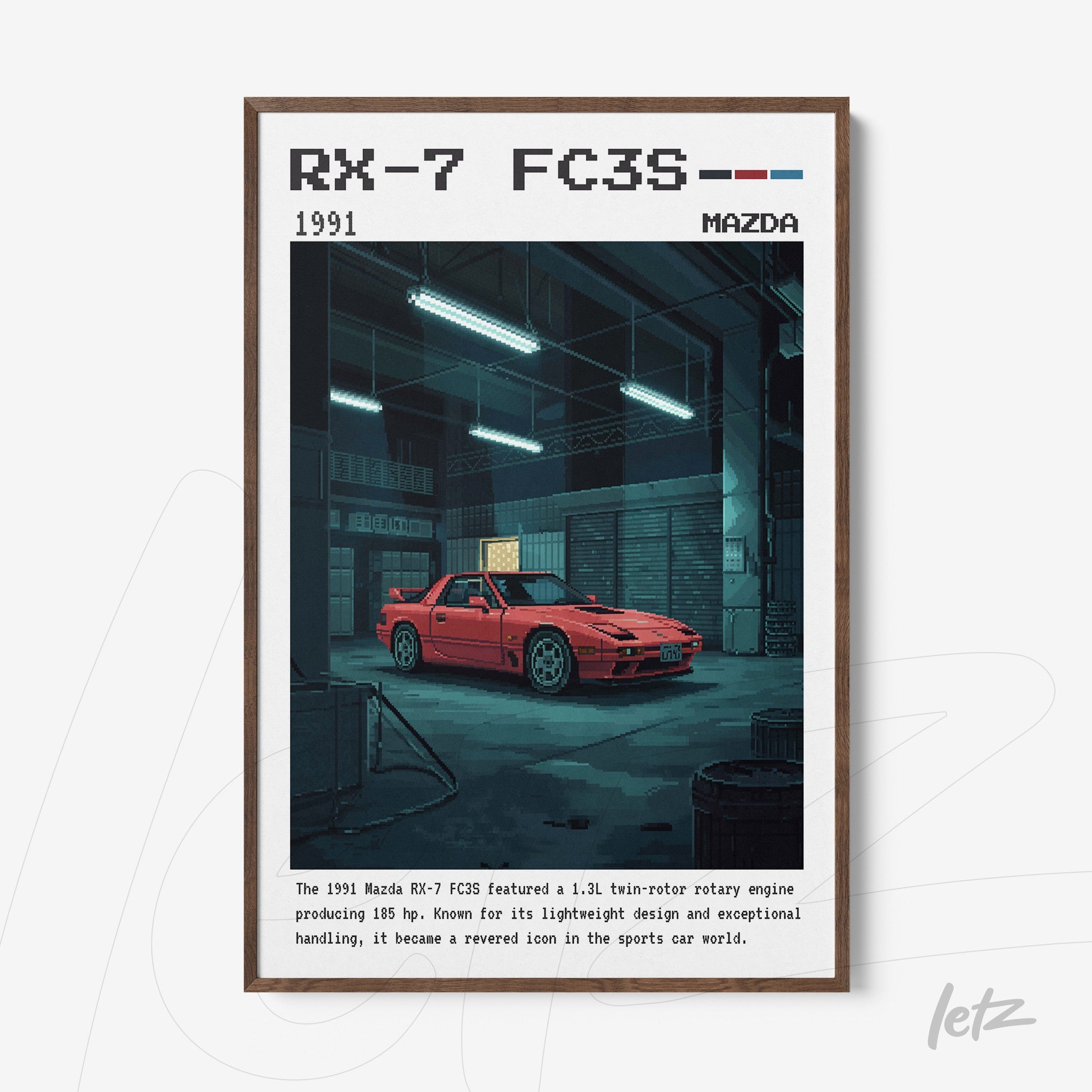 quadro com ilustração pixel art do carro Mazda RX-7 FC3S de 1991 em moldura escura