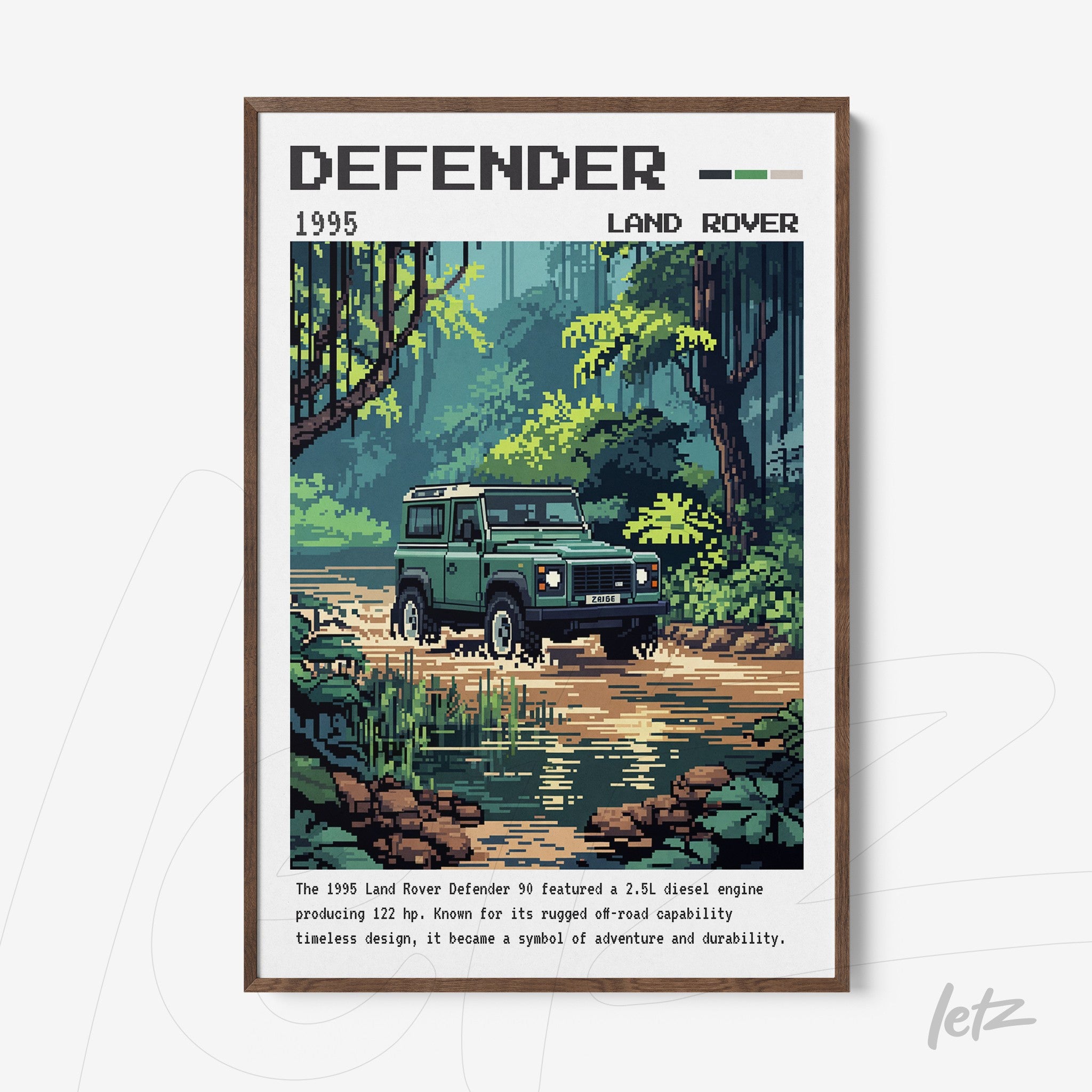 quadro com arte pixelada do Land Rover Defender 1995 em moldura de madeira clara, retratando uma cena natural com vegetação densa e um rio