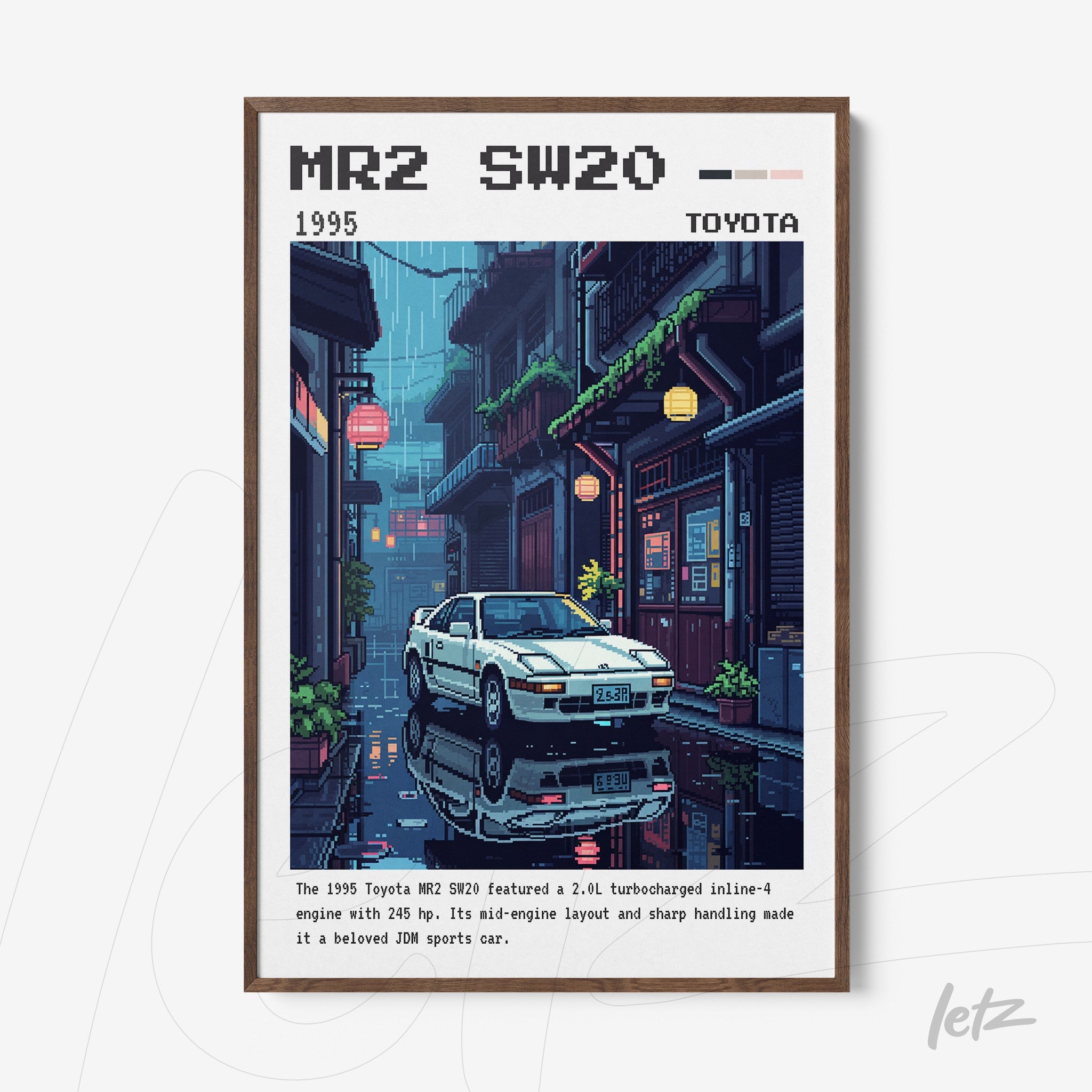 quadro com ilustração retro de carro esportivo Toyota MR2 SW20 em cena urbana chuvosa, moldura de madeira escura