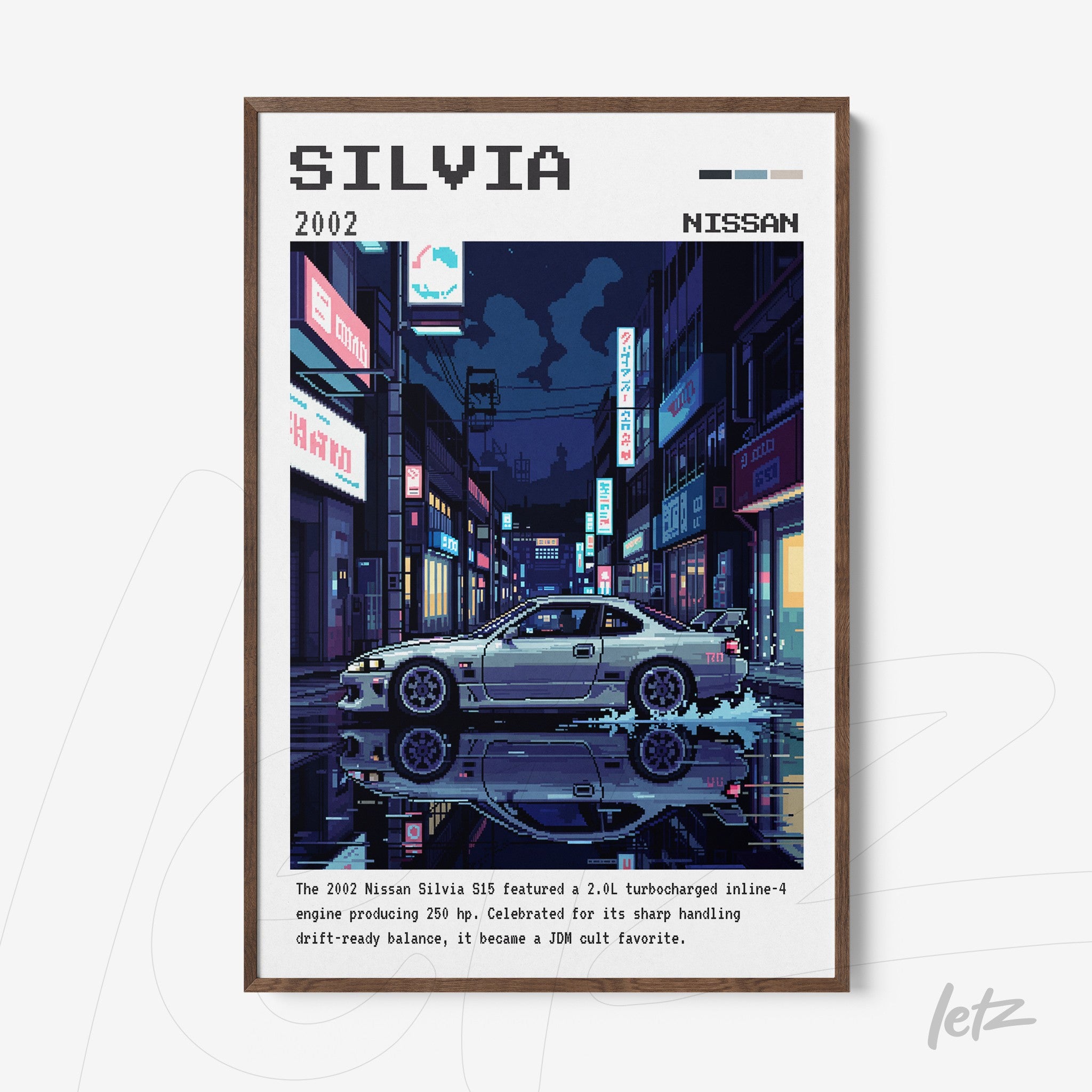 quadro com arte digital do carro Nissan Silvia em um ambiente urbano noturno, moldura de madeira escura