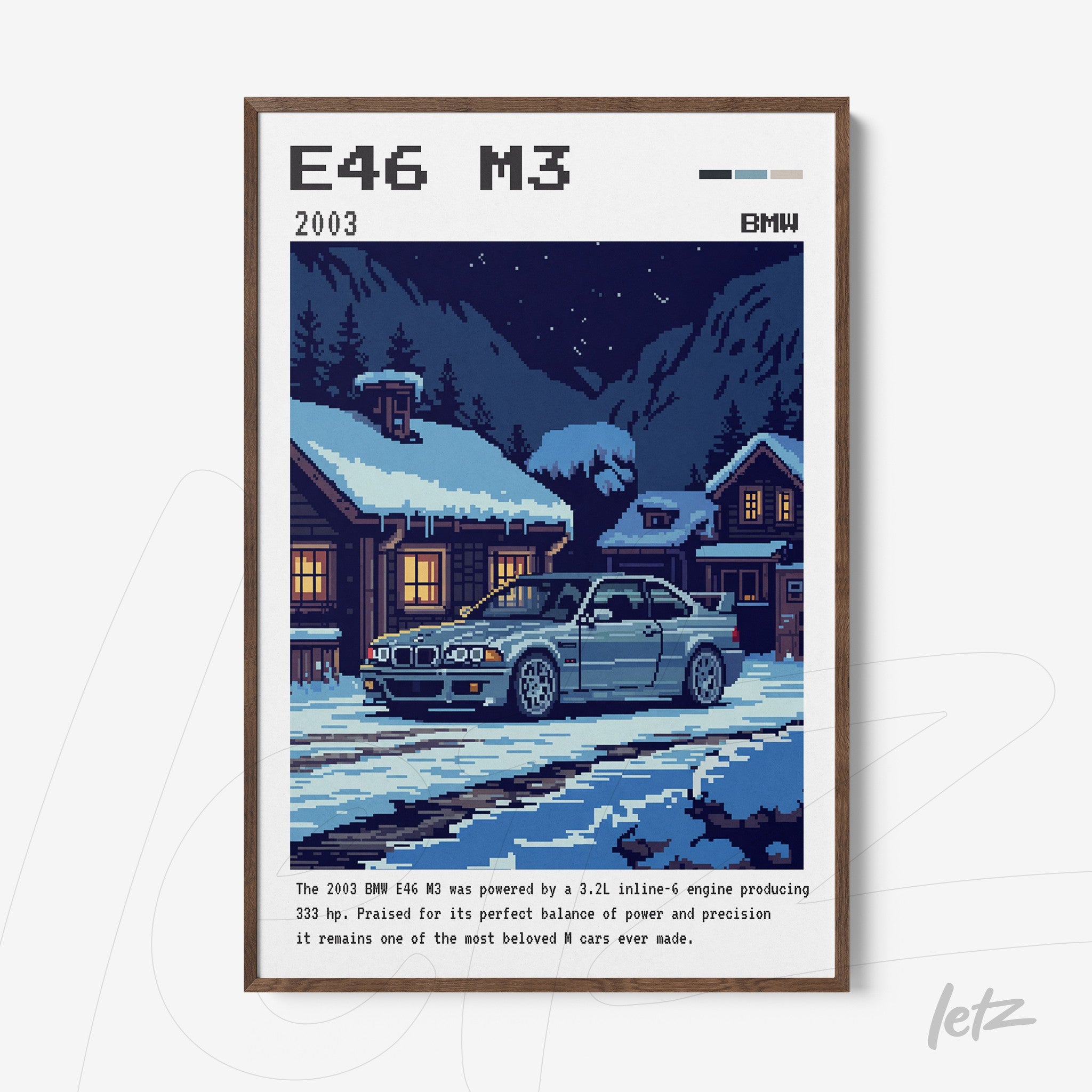 quadro com arte em pixel do carro BMW E46 M3 em uma cena de inverno, cercado por casas de madeira e neve, moldura marrom