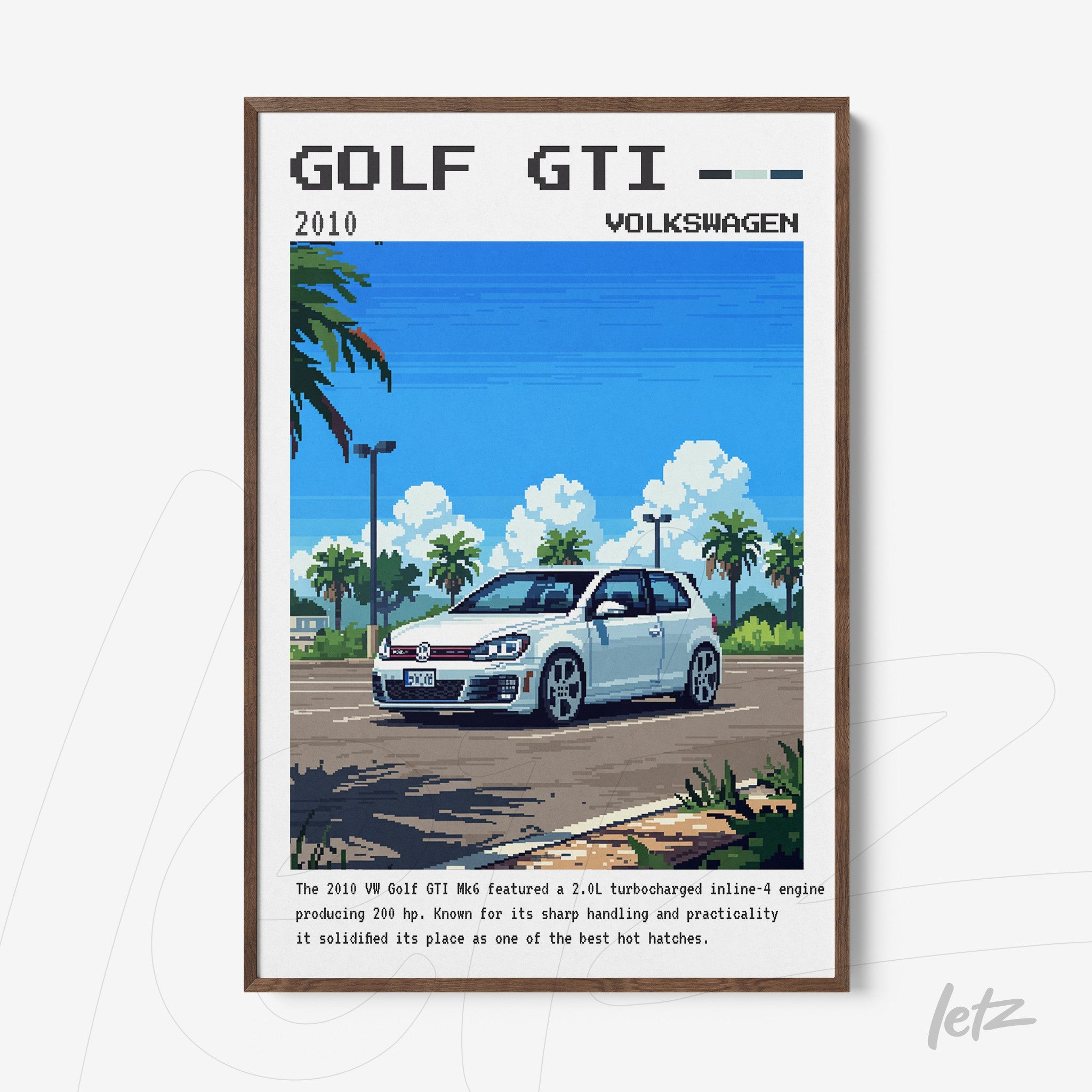 quadro em estilo pixel art de um carro Volkswagen Golf GTI 2010 em uma paisagem urbana com árvores