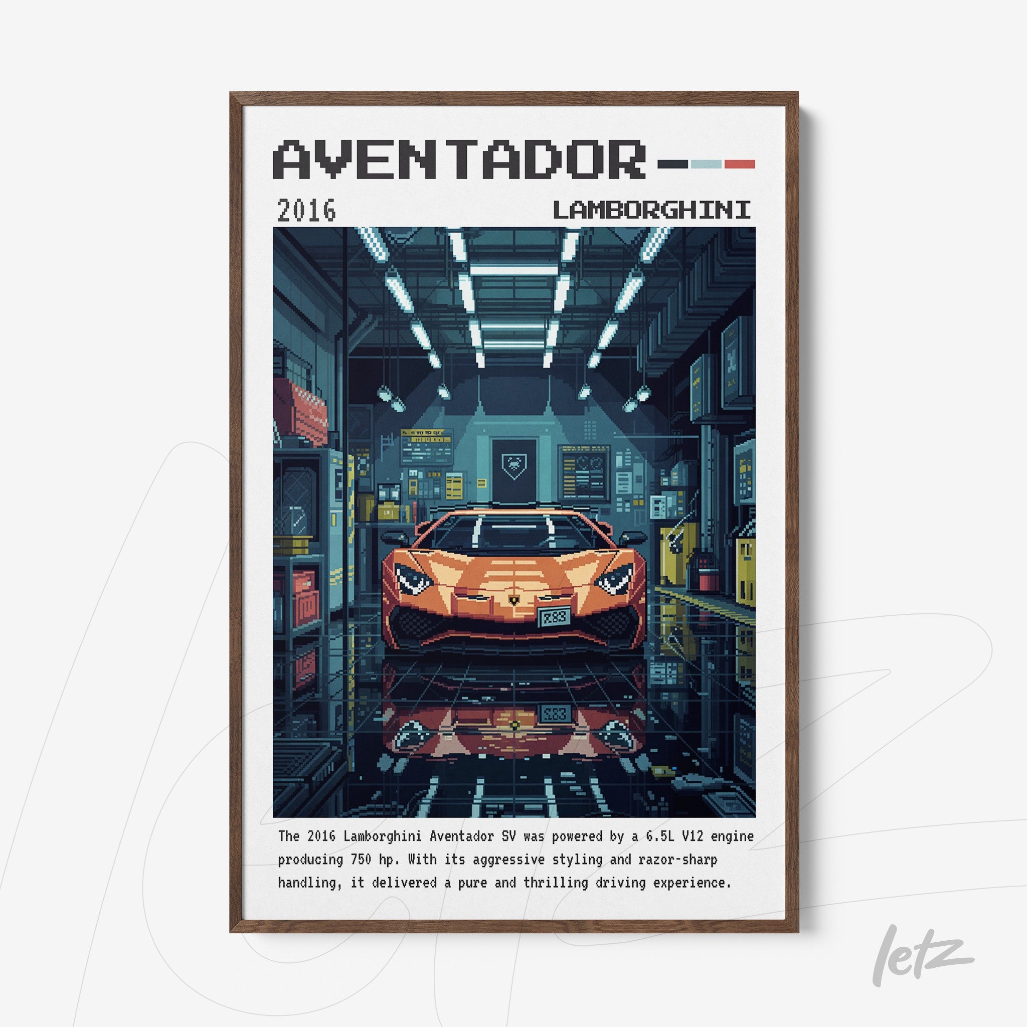 quadro decorativo com arte em pixel de um Lamborghini Aventador 2016 em um ambiente de oficina, destacando detalhes do carro e iluminação industrial