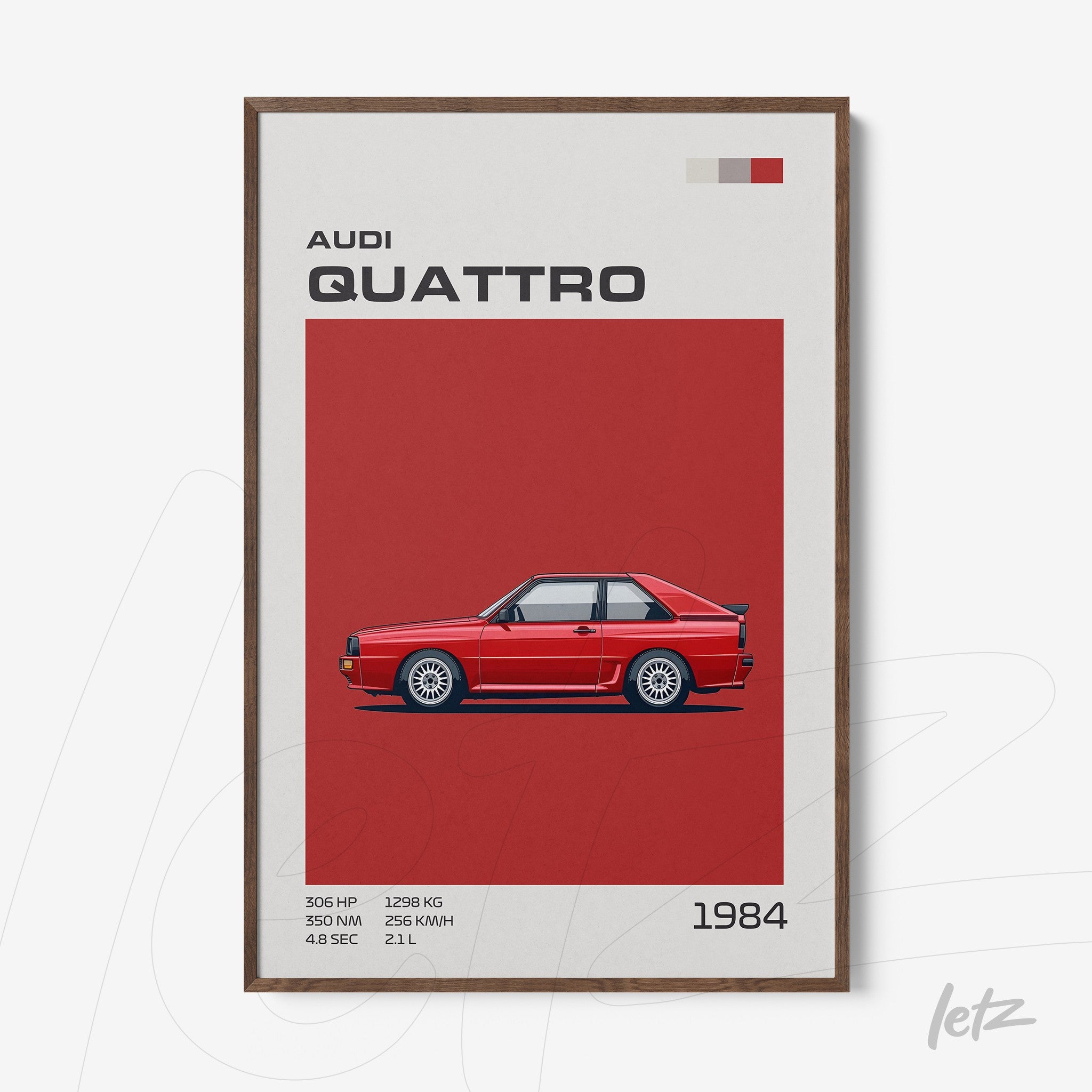 quadro com ilustração do carro Audi Quattro em fundo vermelho e moldura de madeira escura