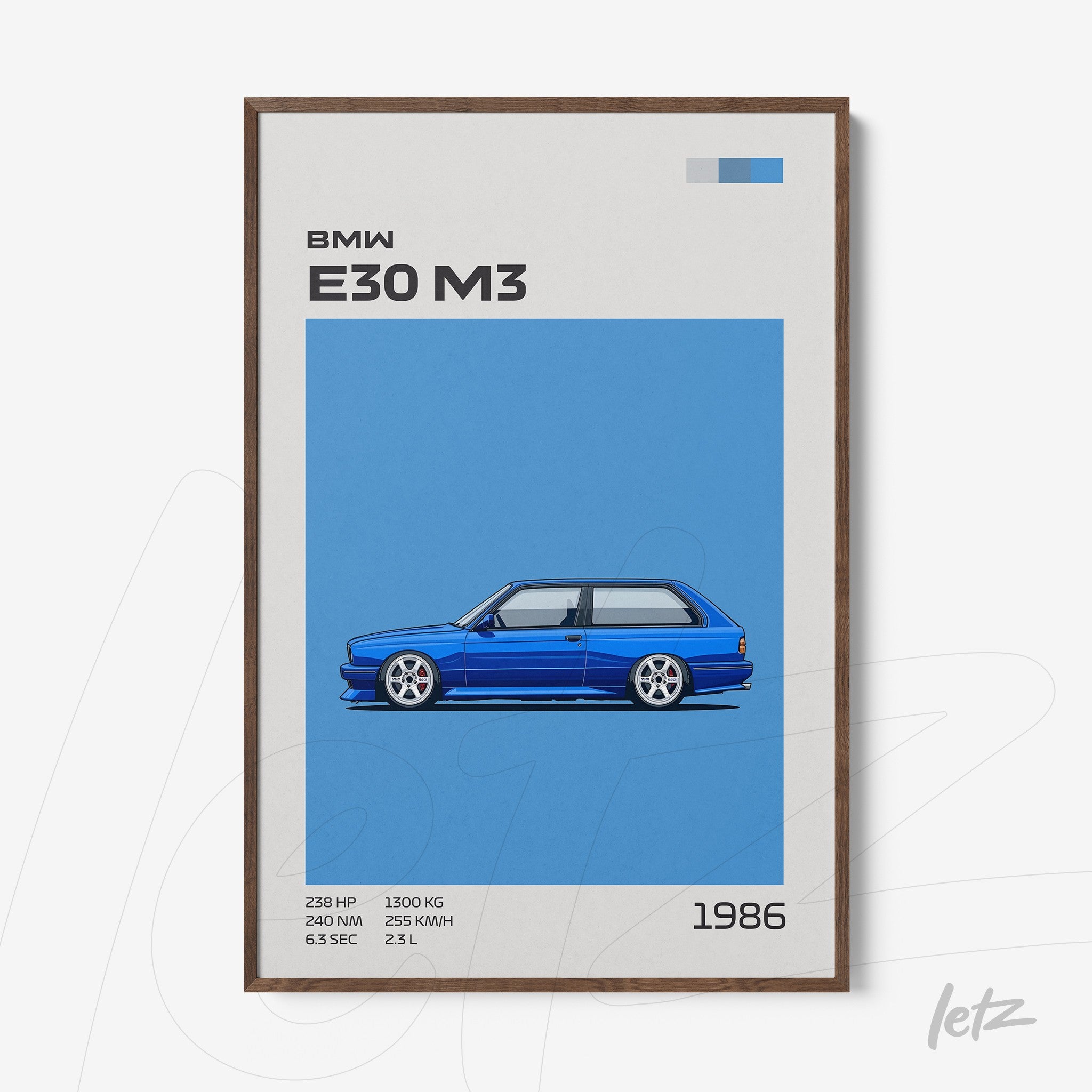 quadro com arte digital de um BMW E30 M3 azul, moldura de madeira escura e fundo azul sólido