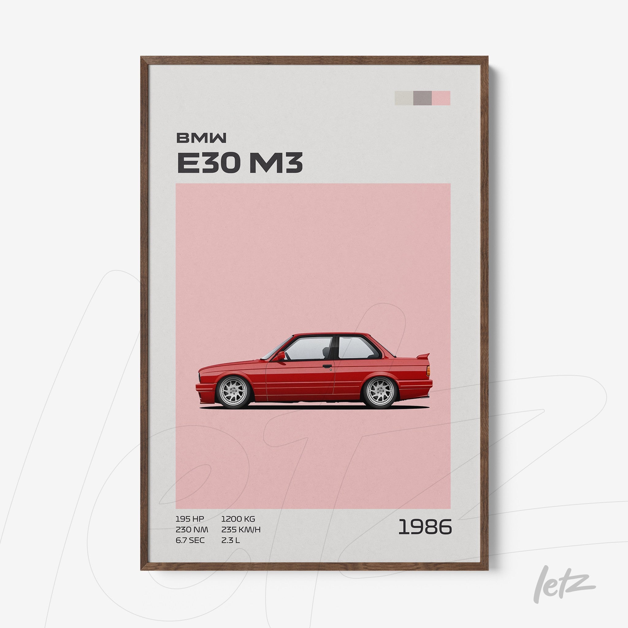 quadro com arte digital do carro BMW E30 M3 em moldura de madeira com fundo rosa
