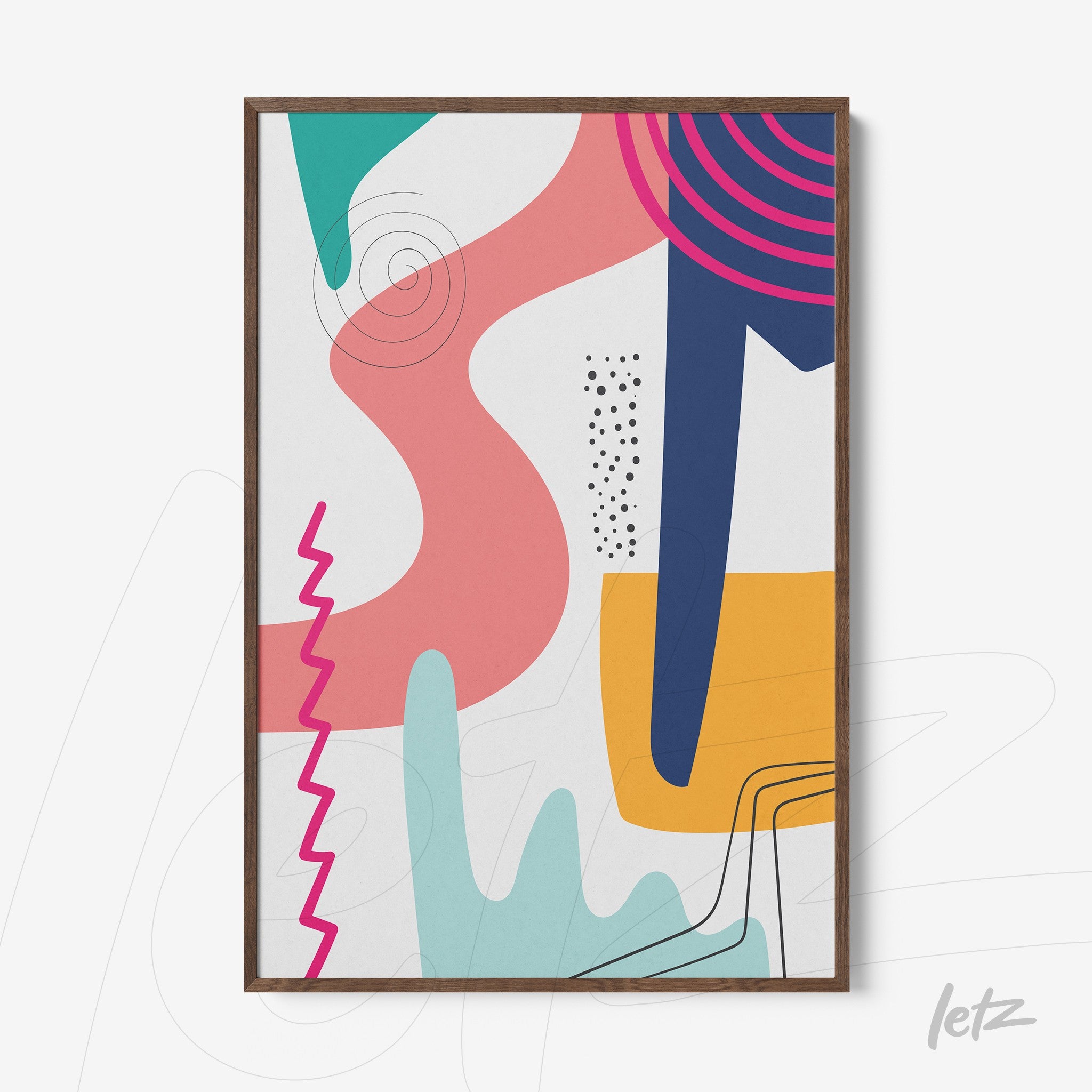 arte abstrata colorida com formas geométricas emoldurada em madeira escura sobre fundo branco