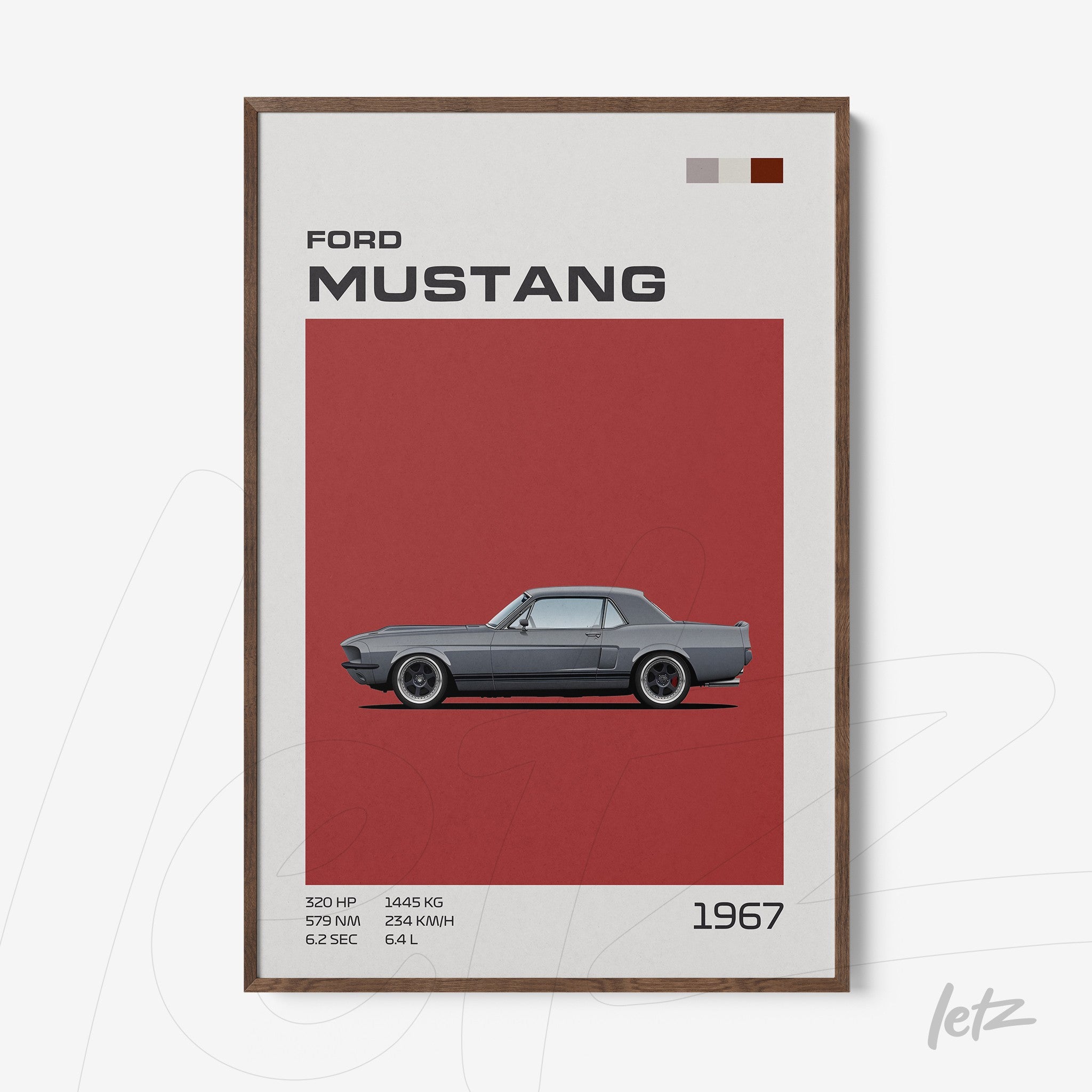 quadro com arte vintage do carro Ford Mustang 1967 em moldura de madeira escura