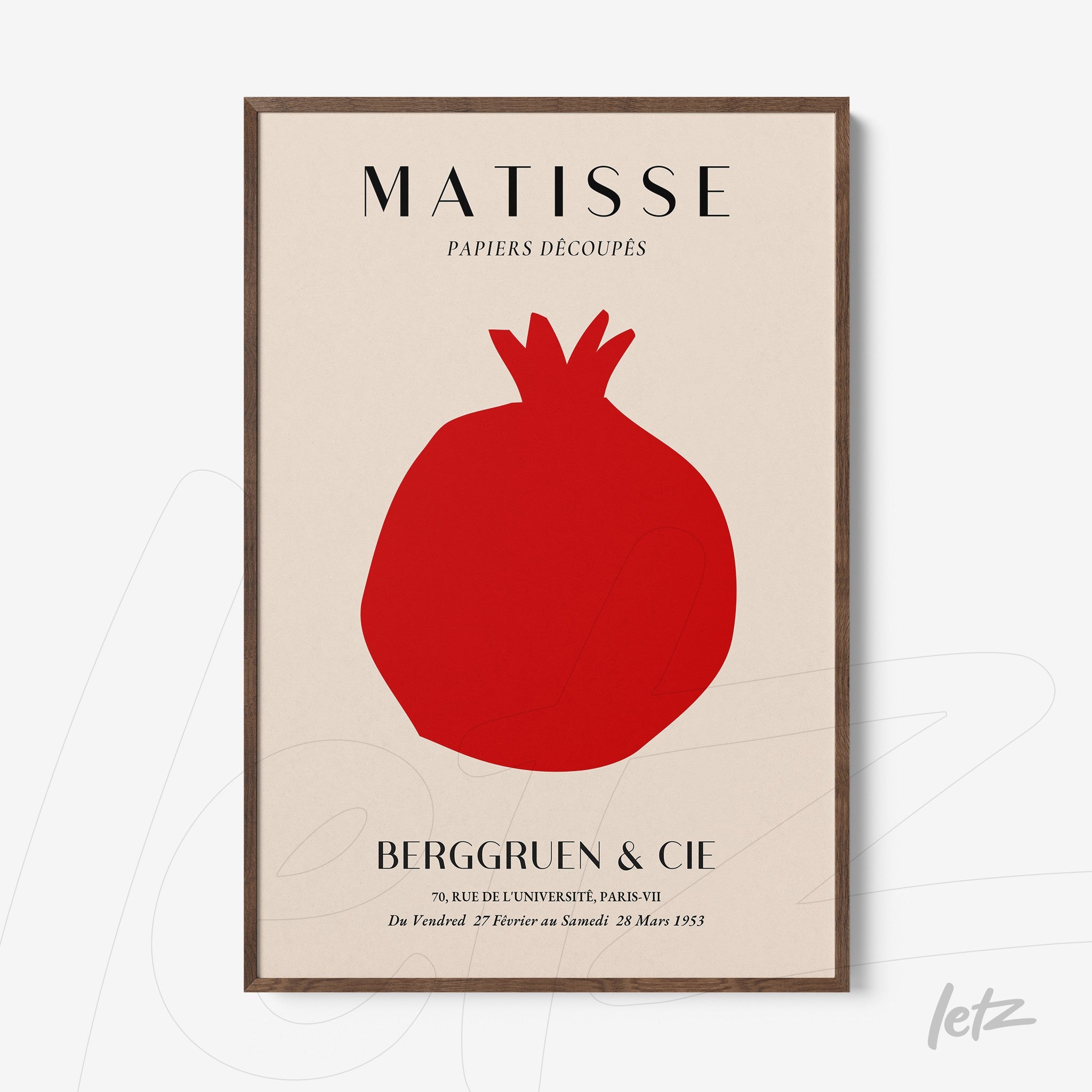 quadro com arte de Matisse em estilo minimalista, apresentando uma romã vermelha contra fundo claro, em moldura de madeira escura