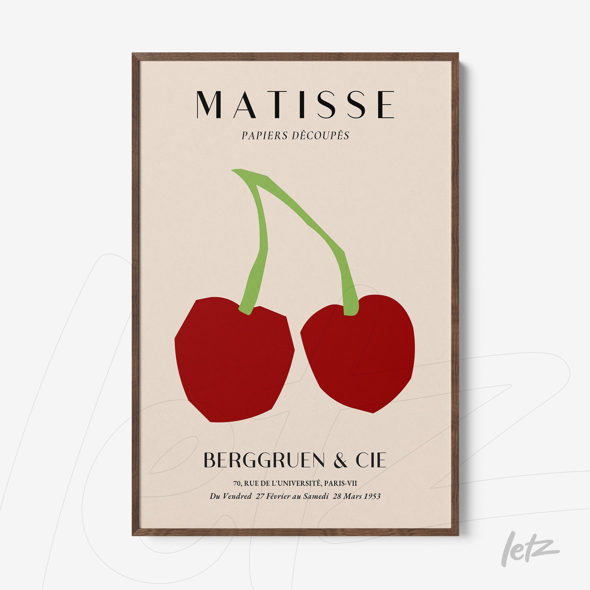quadro com arte minimalista de cerejas vermelhas sobre fundo claro, com moldura de madeira escura
