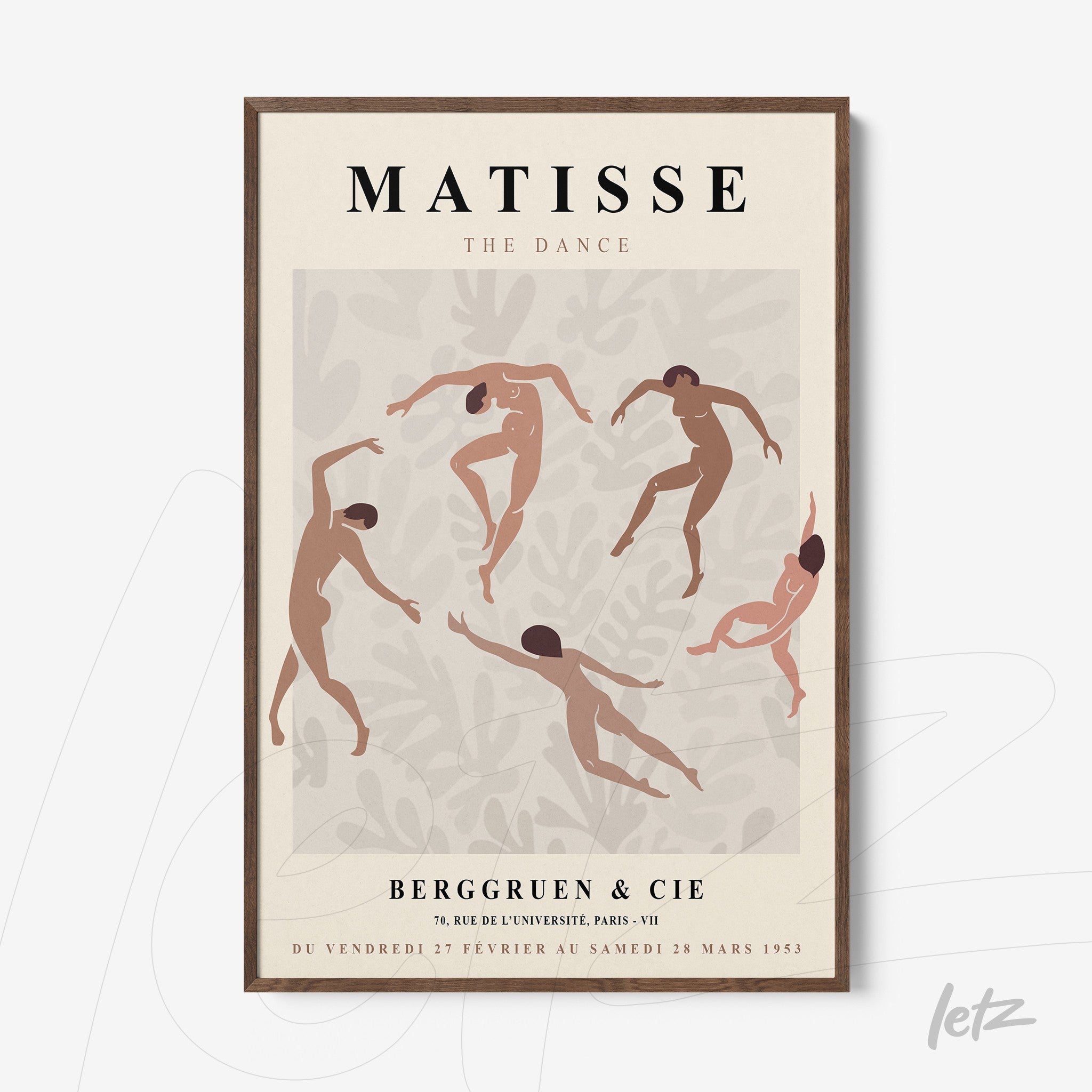 quadro com arte de Matisse representando a dança em moldura de madeira escura