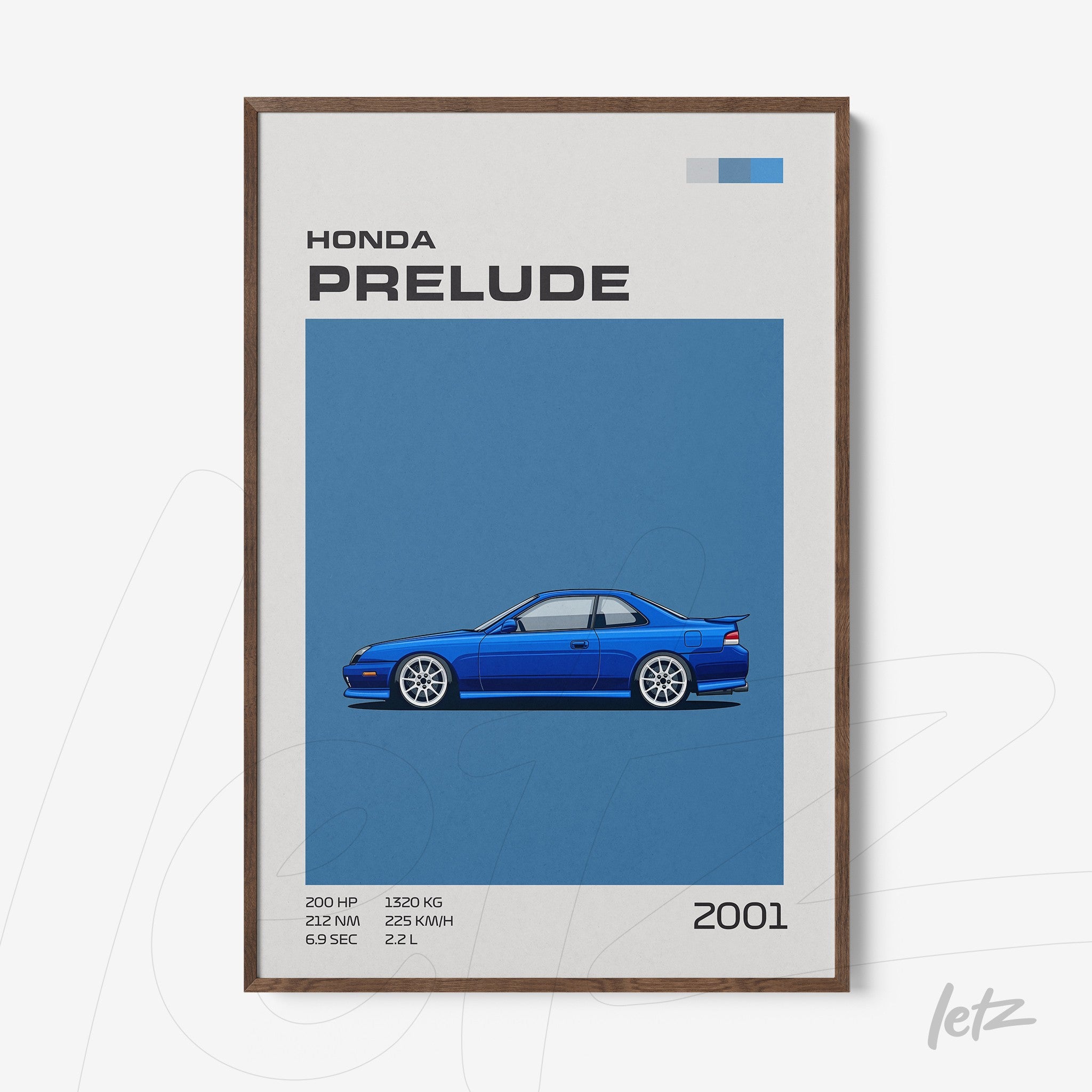 quadro com arte estilizada de um carro Honda Prelude azul em fundo azul, moldura de madeira escura