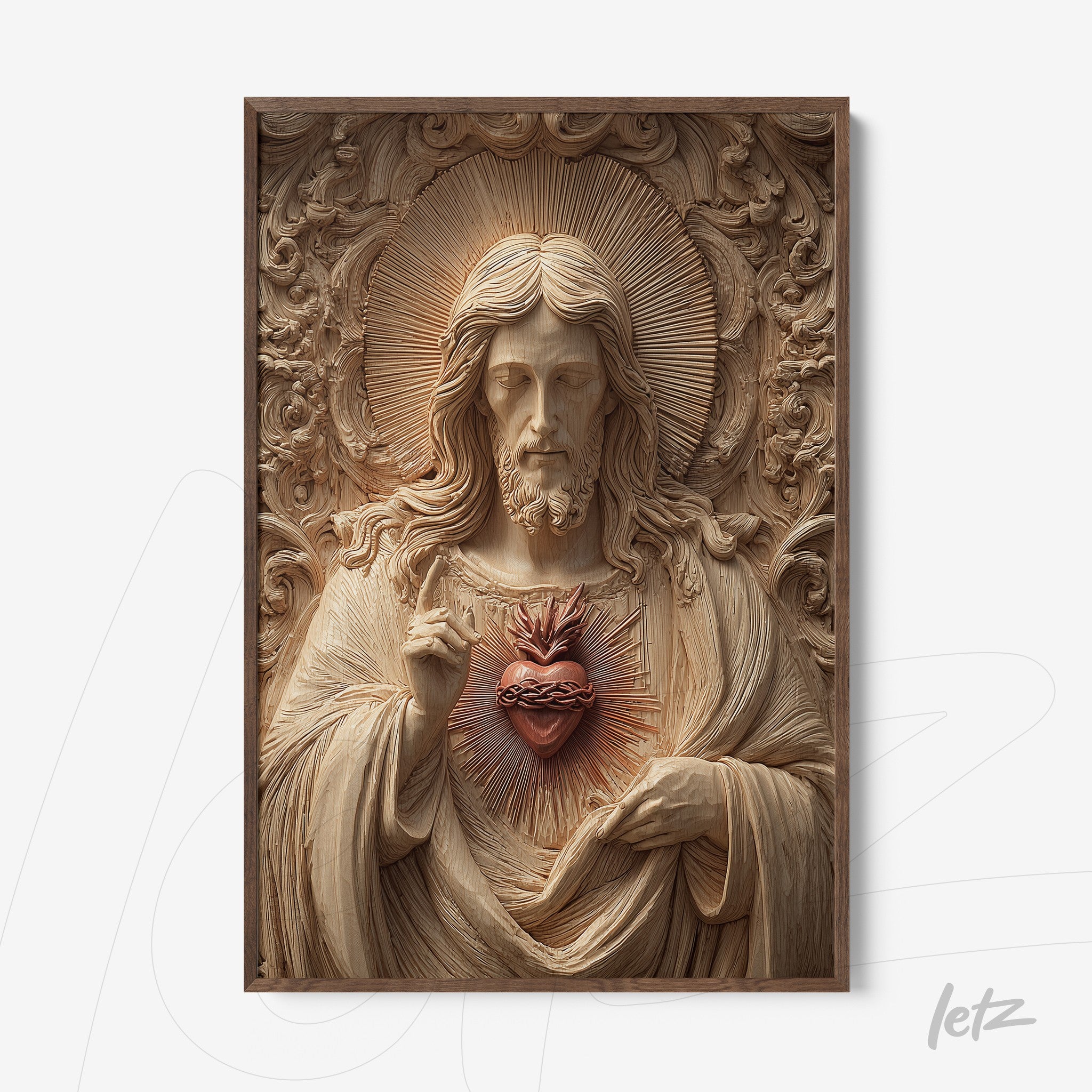 quadro com escultura em relevo de Jesus Cristo com coração sagrado em moldura de madeira clara