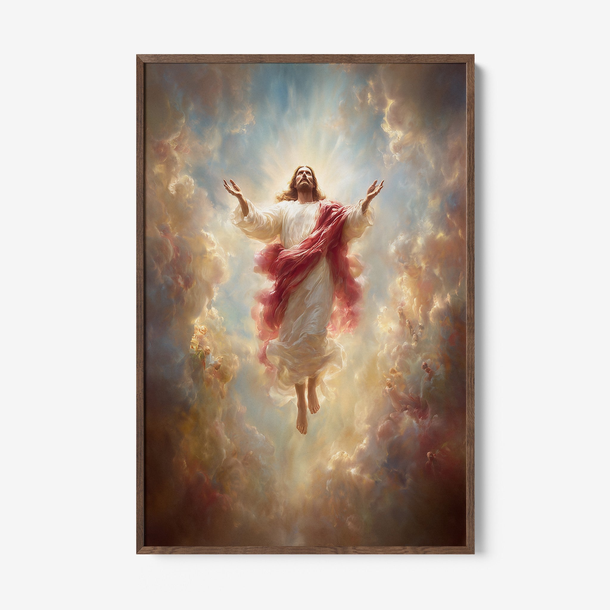 quadro com arte religiosa de Jesus Cristo ascendente em moldura de madeira escura