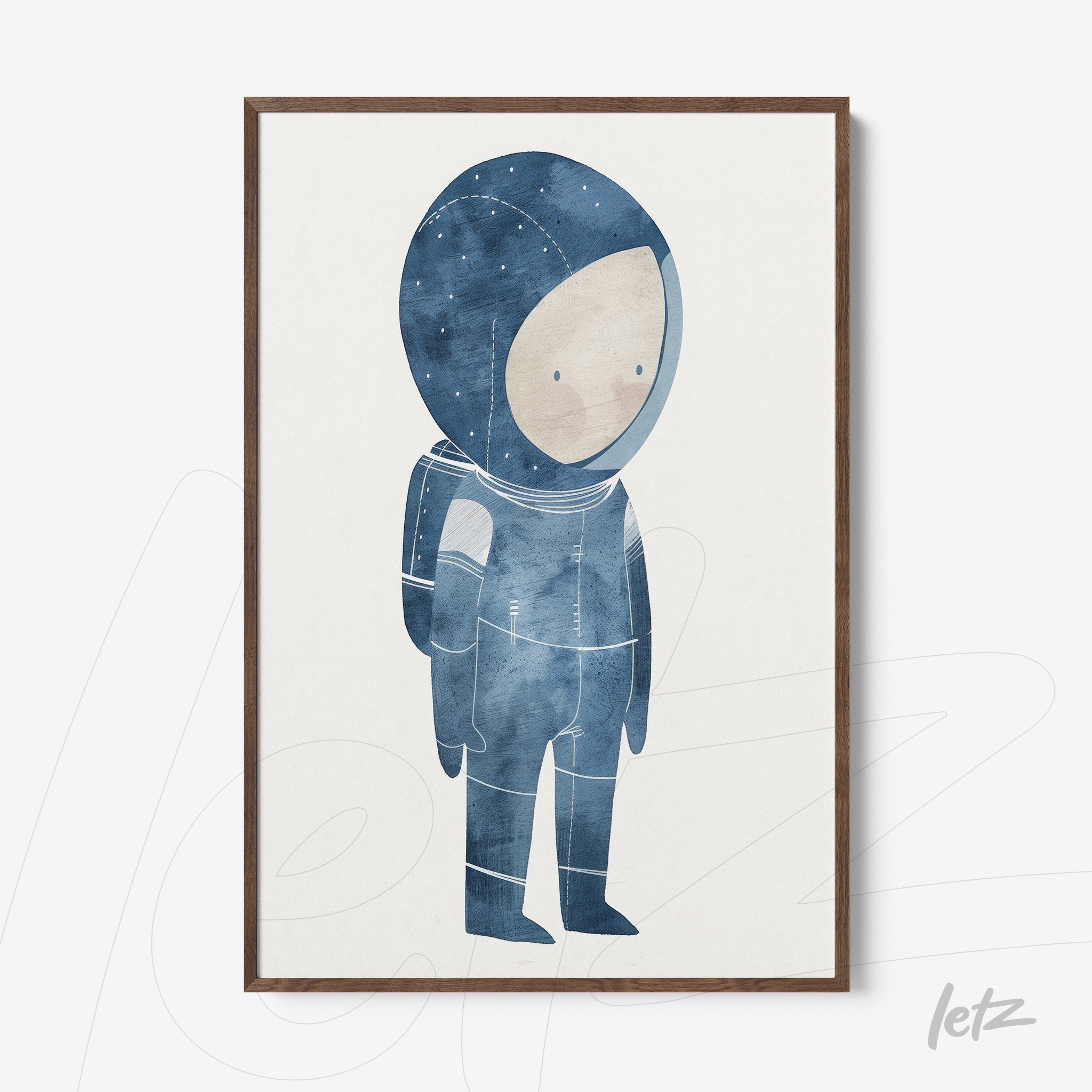 quadro com ilustração de astronauta em tons de azul, moldura de madeira escura