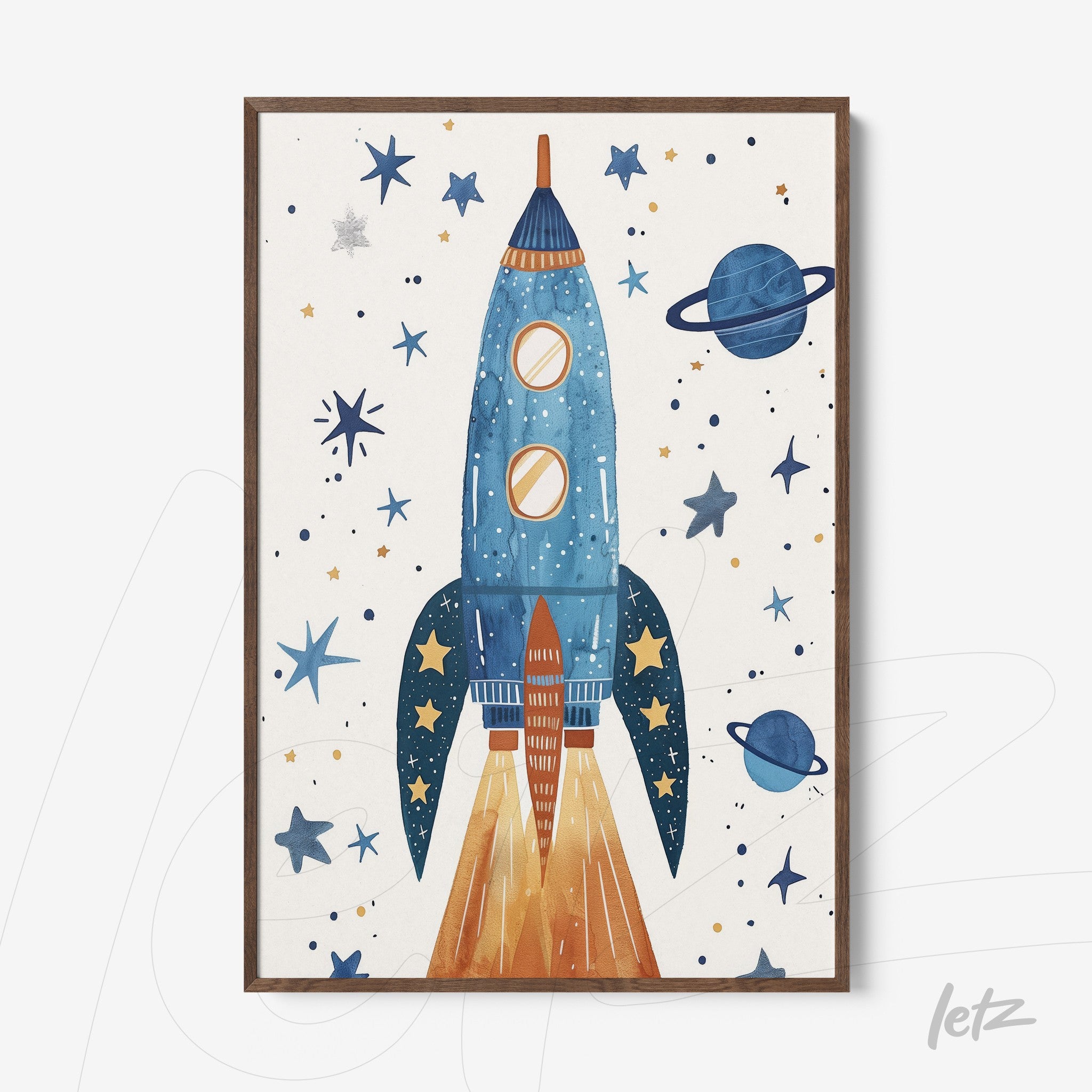 quadro com ilustração de foguete azul decolando em fundo estrelado com planetas